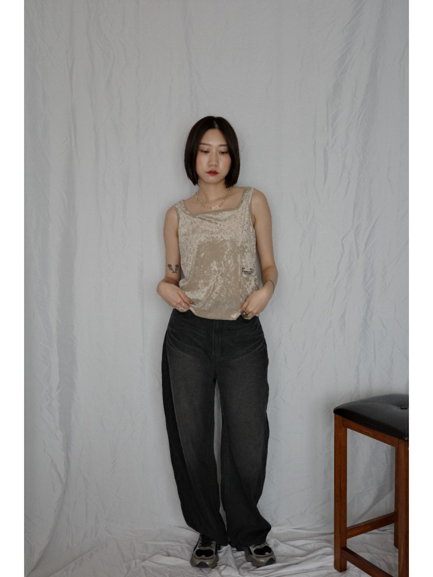 JP｜天鵝絨透視背心/咖