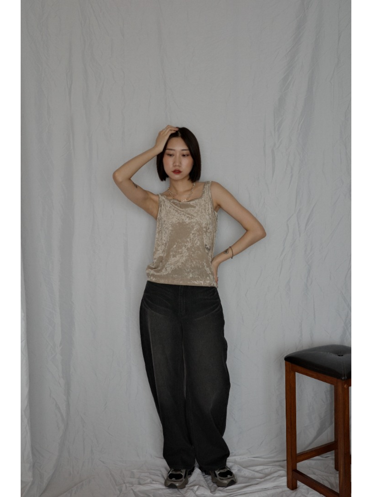 JP｜天鵝絨透視背心/咖