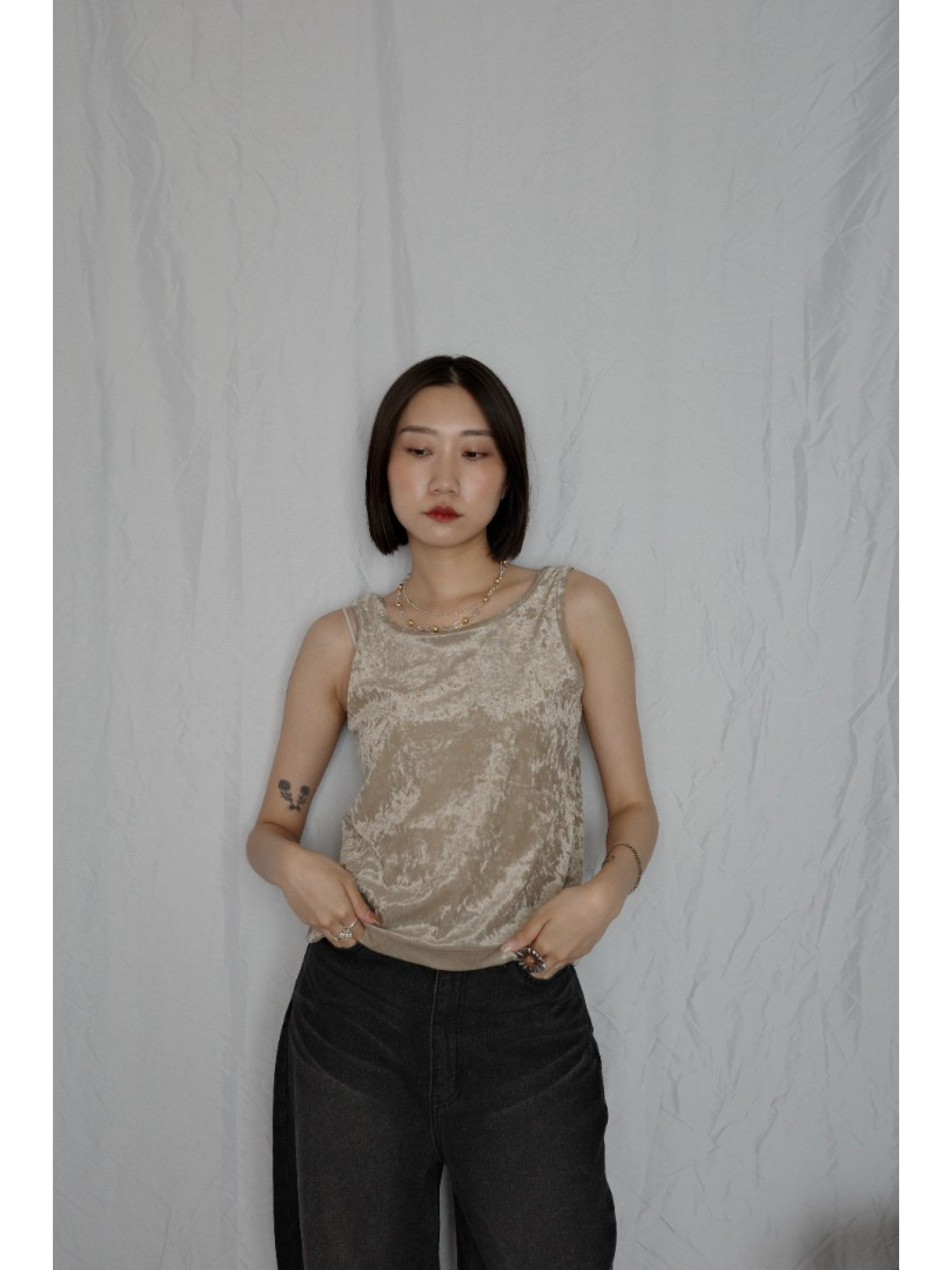 JP｜天鵝絨透視背心/咖