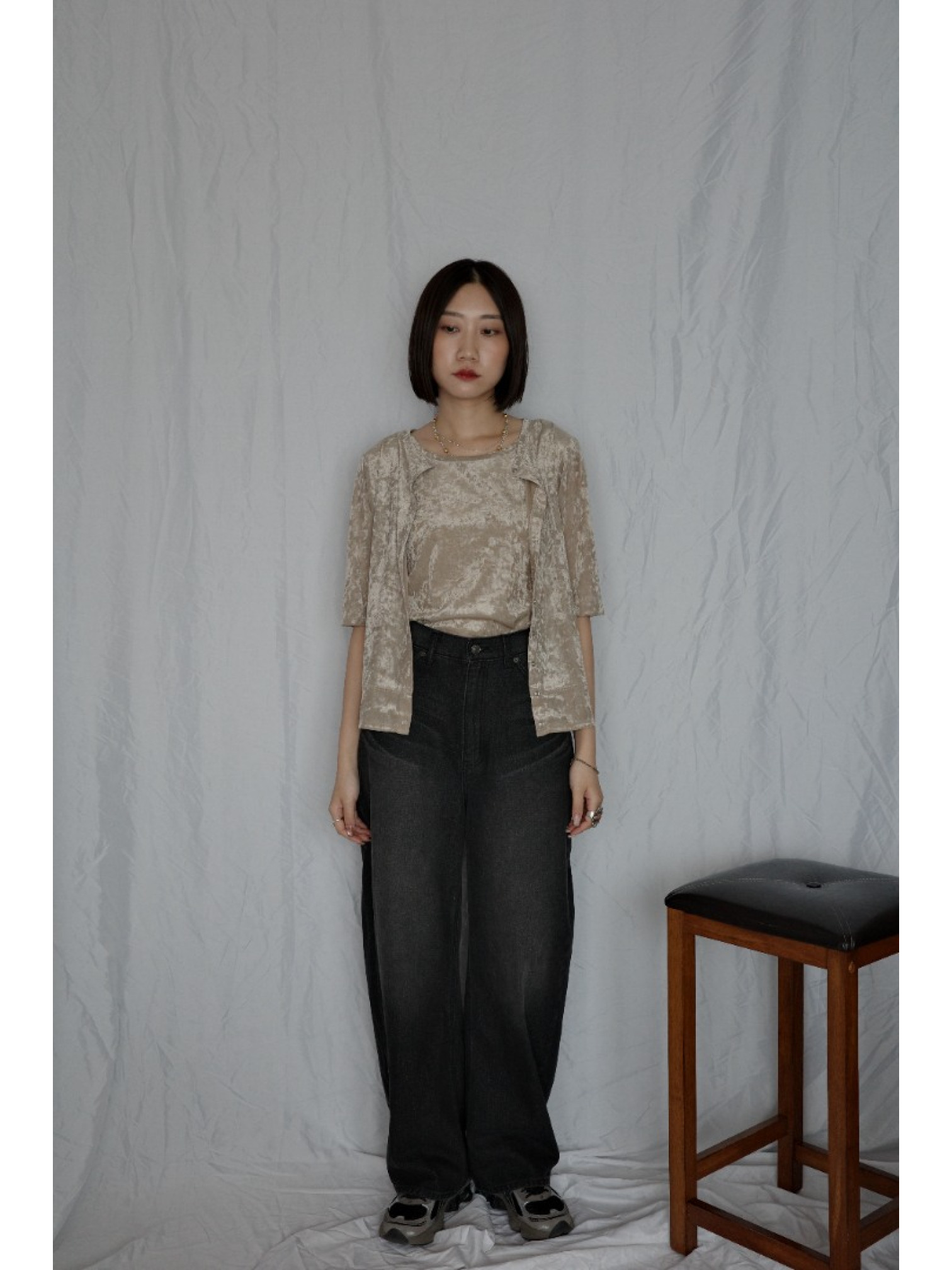 🇯🇵天鵝絨透視五分袖上衣/咖