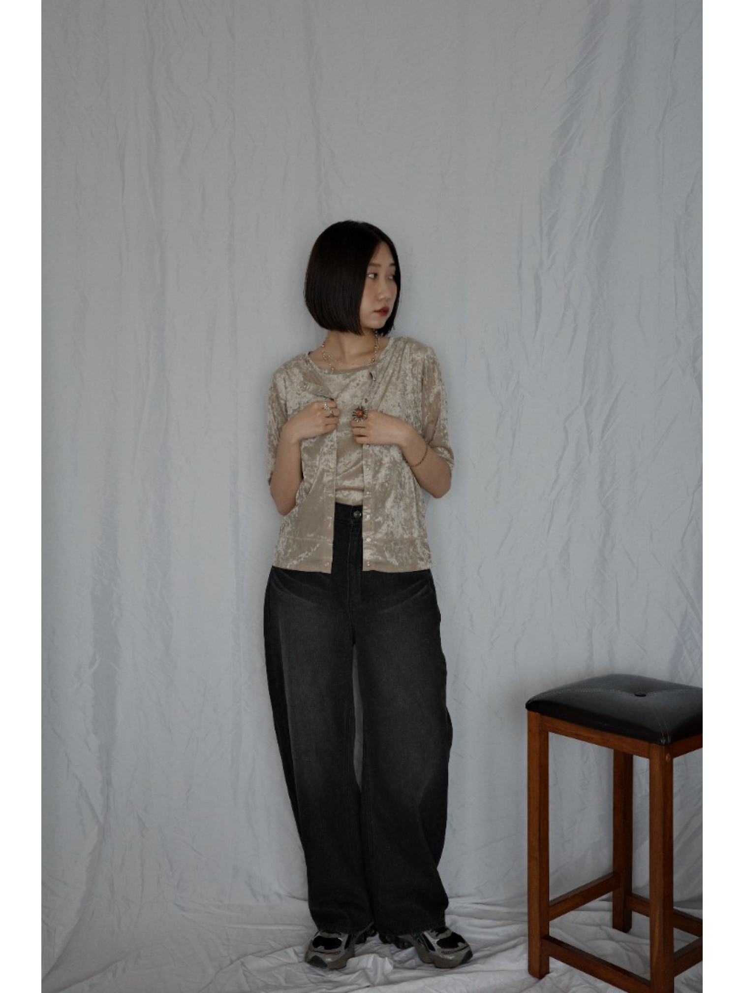 🇯🇵天鵝絨透視五分袖上衣/咖