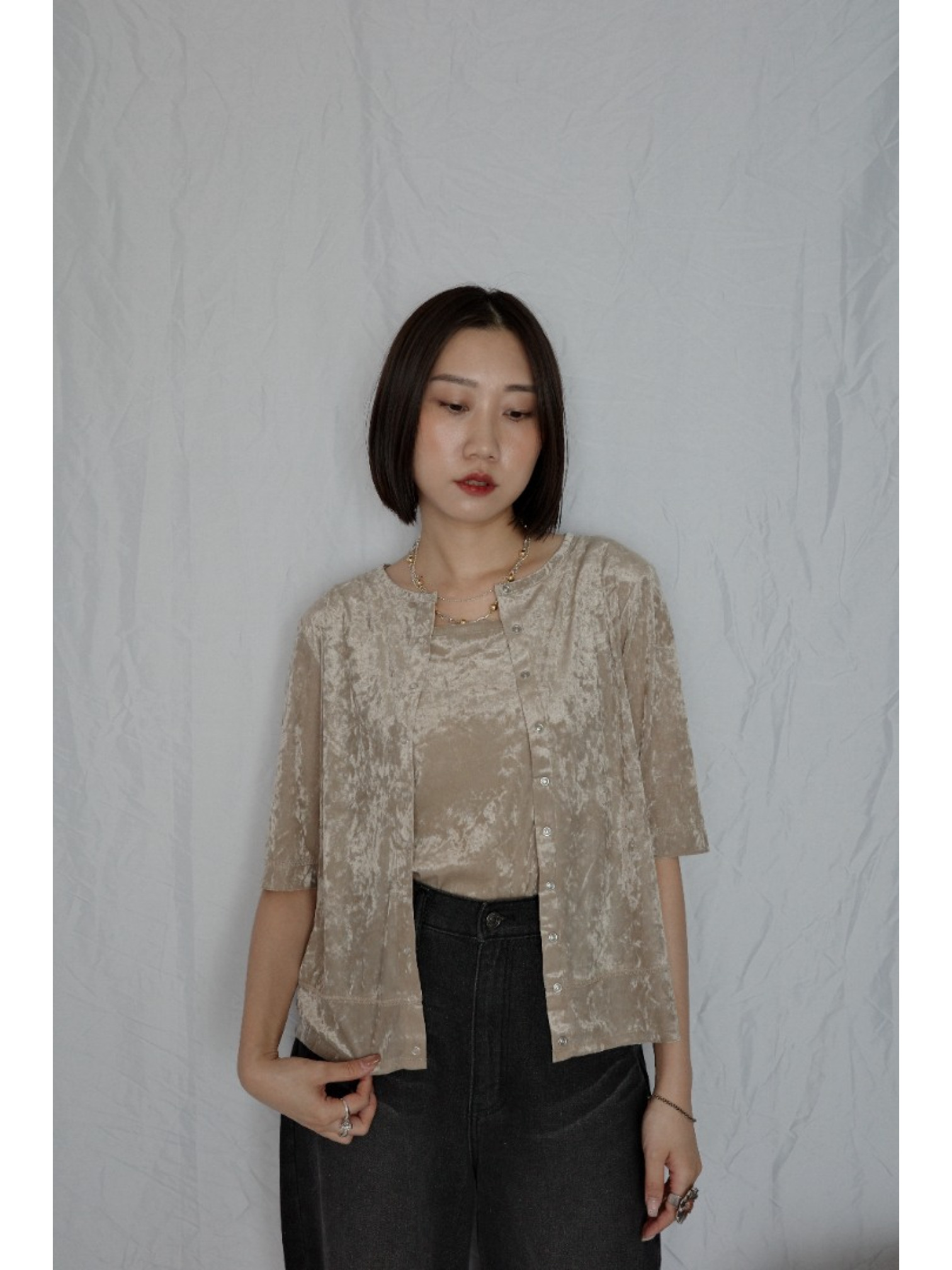 🇯🇵天鵝絨透視五分袖上衣/咖