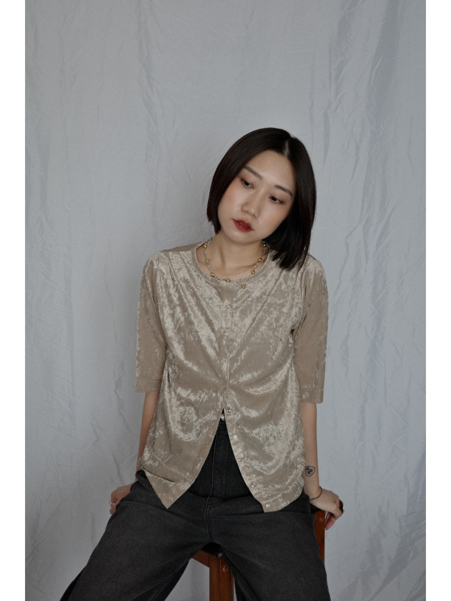 🇯🇵天鵝絨透視五分袖上衣/咖