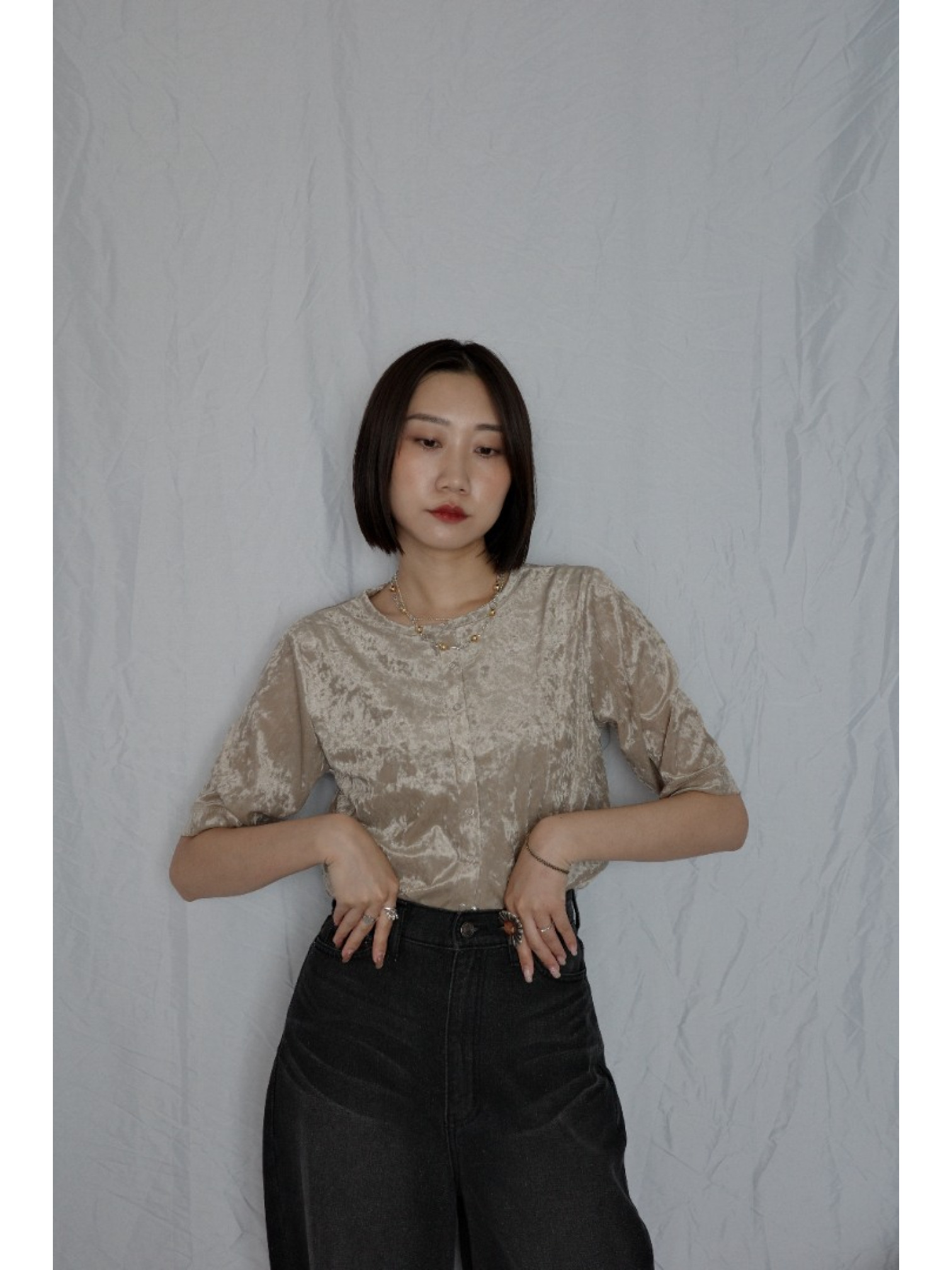 🇯🇵天鵝絨透視五分袖上衣/咖