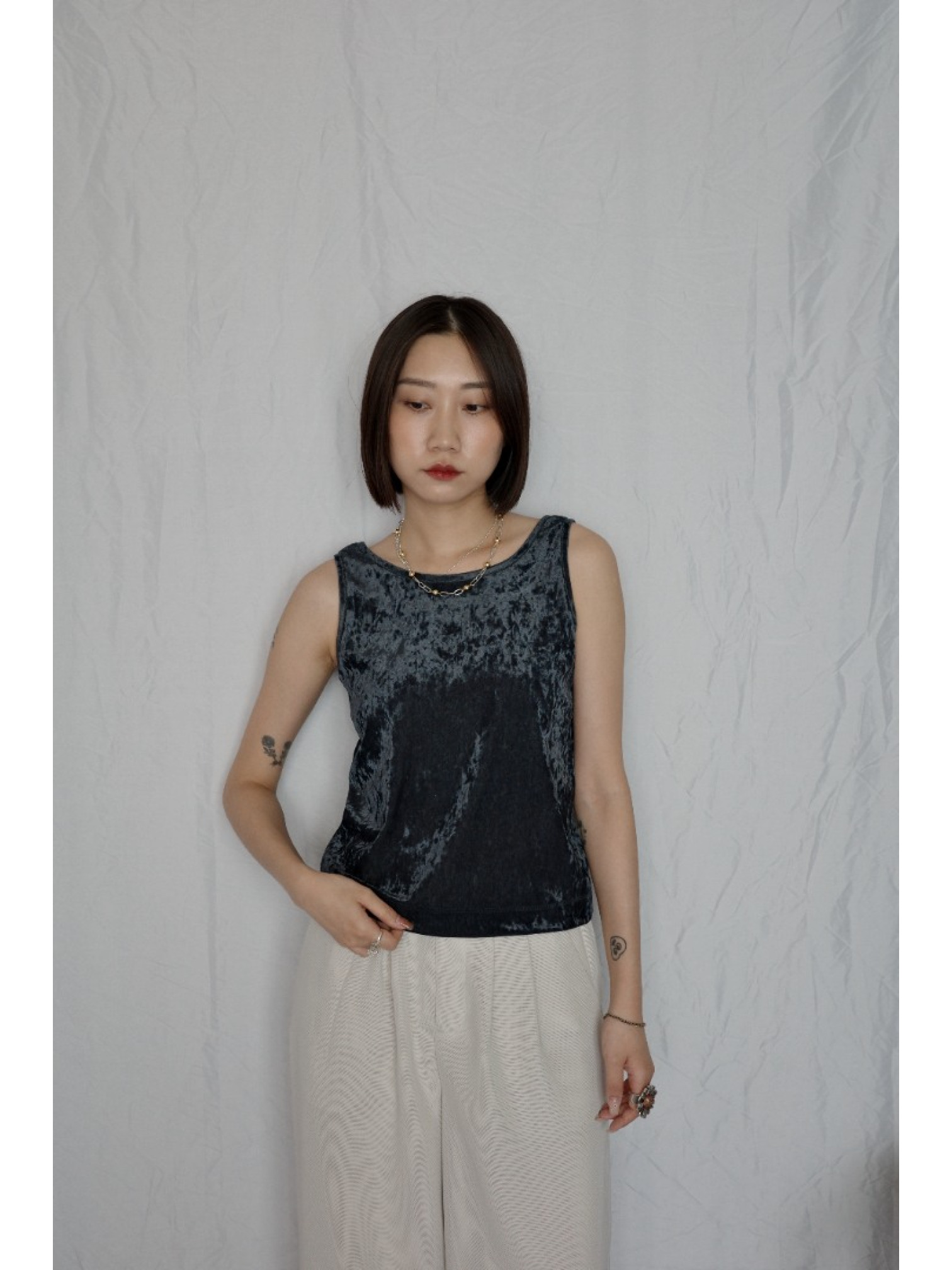  JP｜天鵝絨透視背心/海軍藍