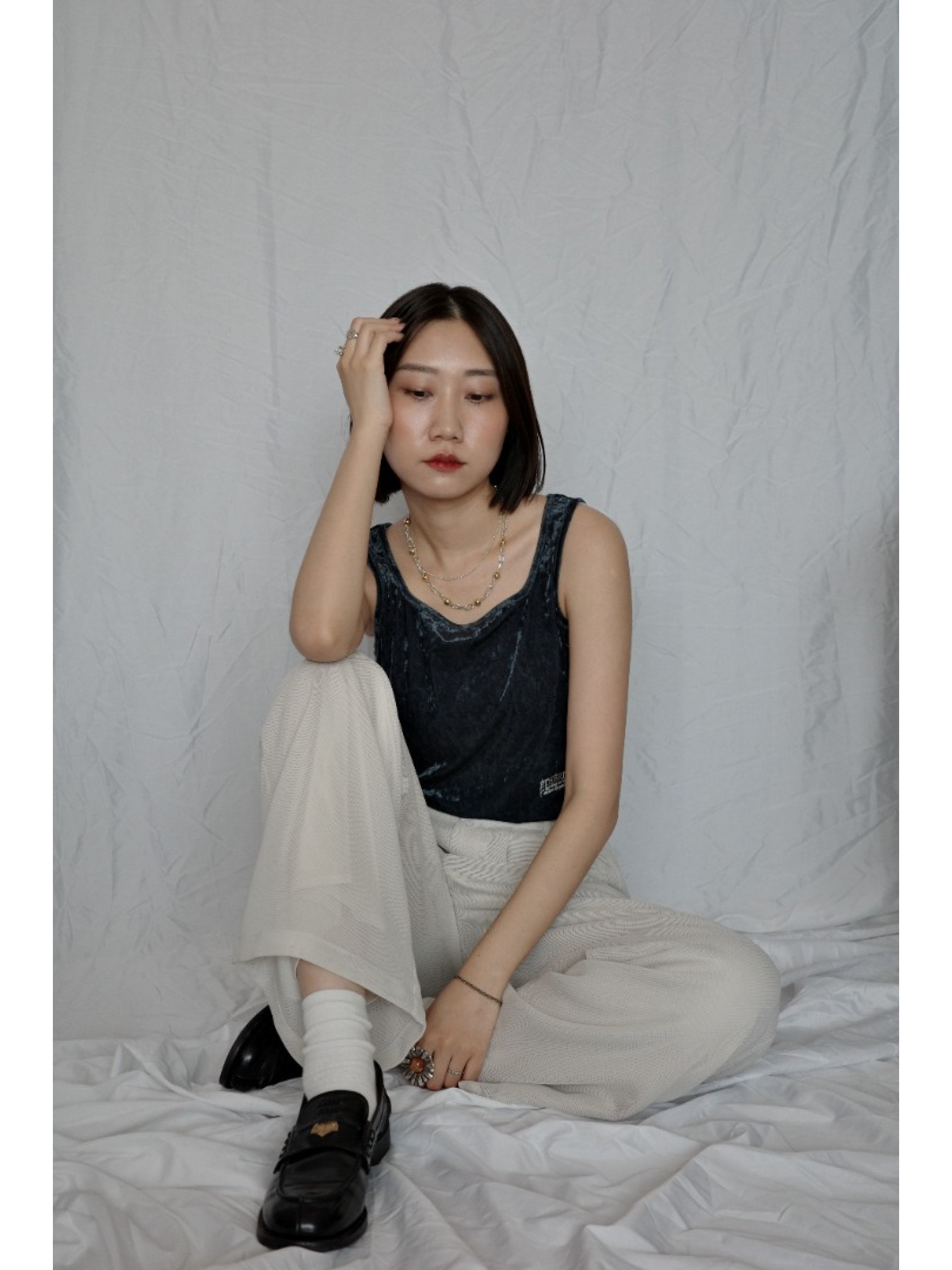  JP｜天鵝絨透視背心/海軍藍