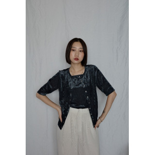 JP｜天鵝絨透視五分袖上衣/海軍藍