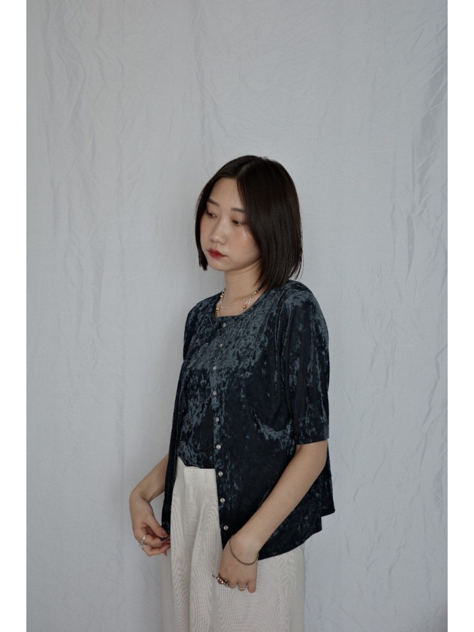 JP｜天鵝絨透視五分袖上衣/海軍藍