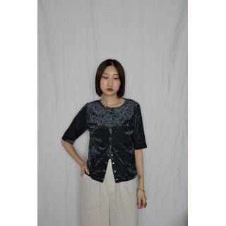 JP｜天鵝絨透視五分袖上衣/海軍藍