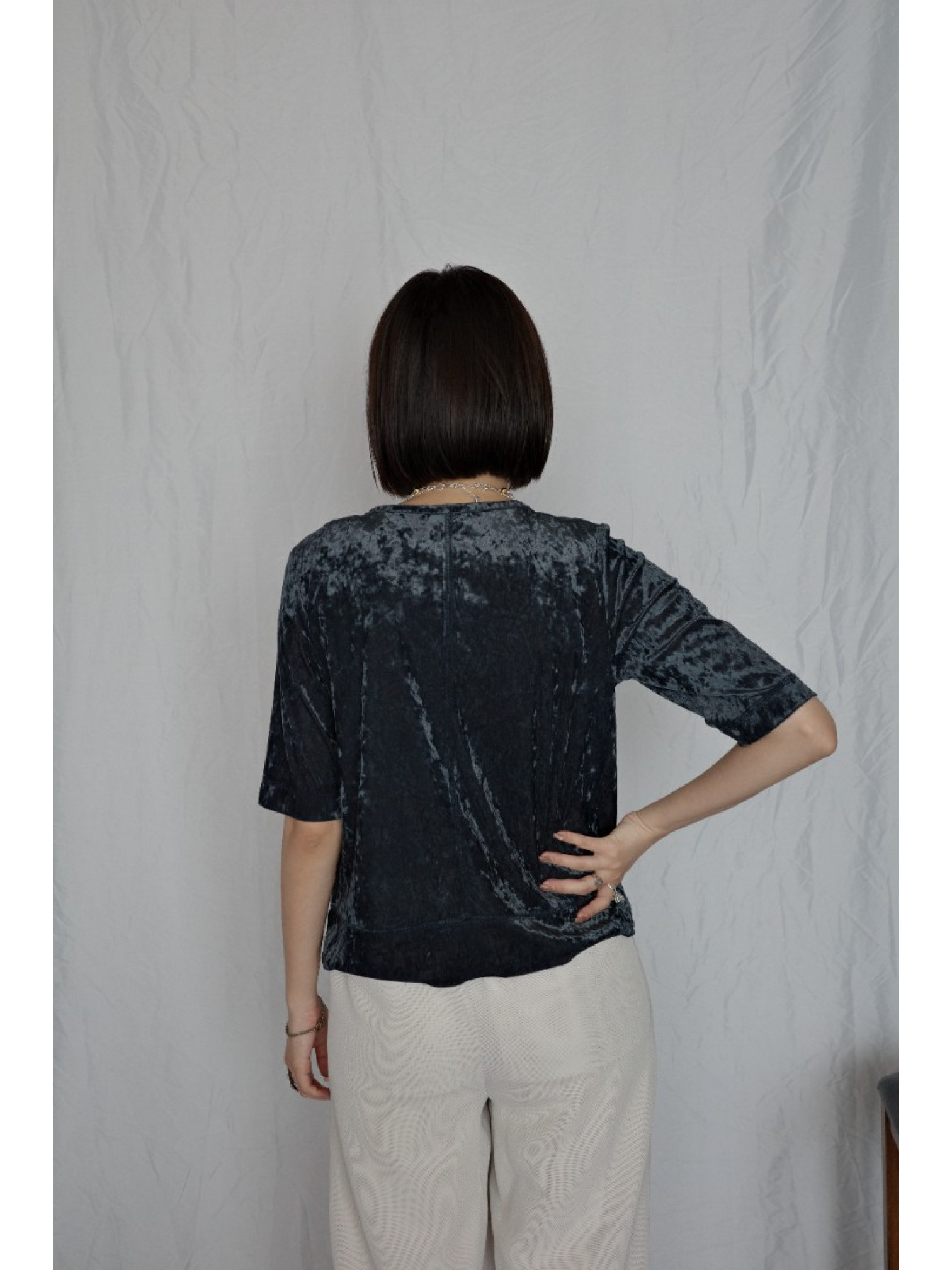 JP｜天鵝絨透視五分袖上衣/海軍藍