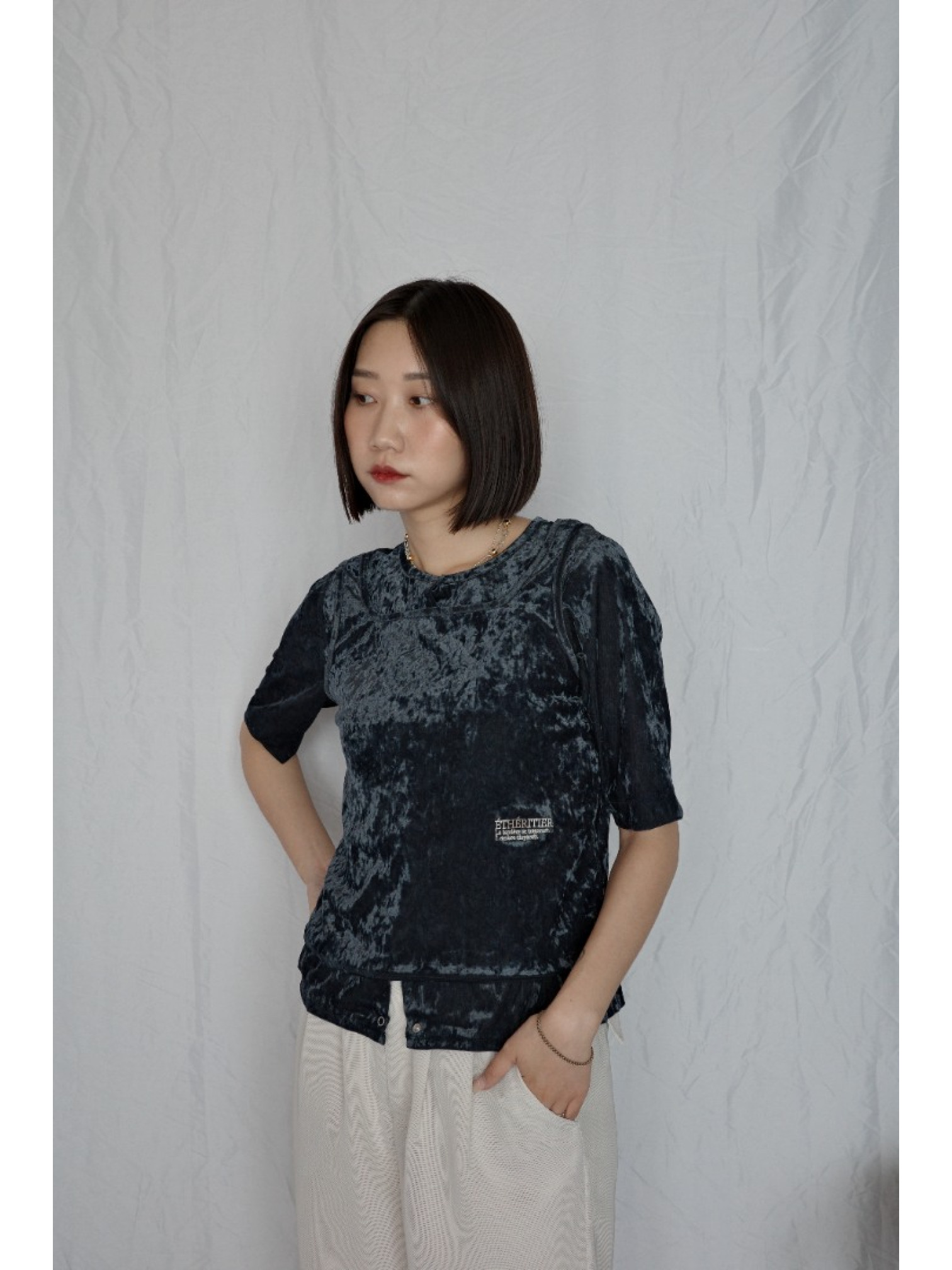 JP｜天鵝絨透視五分袖上衣/海軍藍