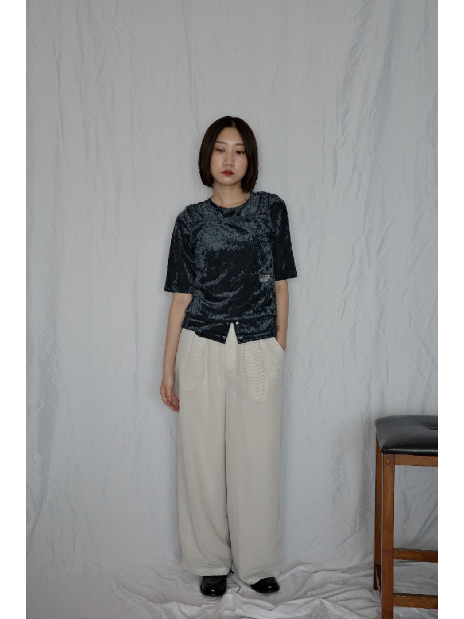 JP｜天鵝絨透視五分袖上衣/海軍藍