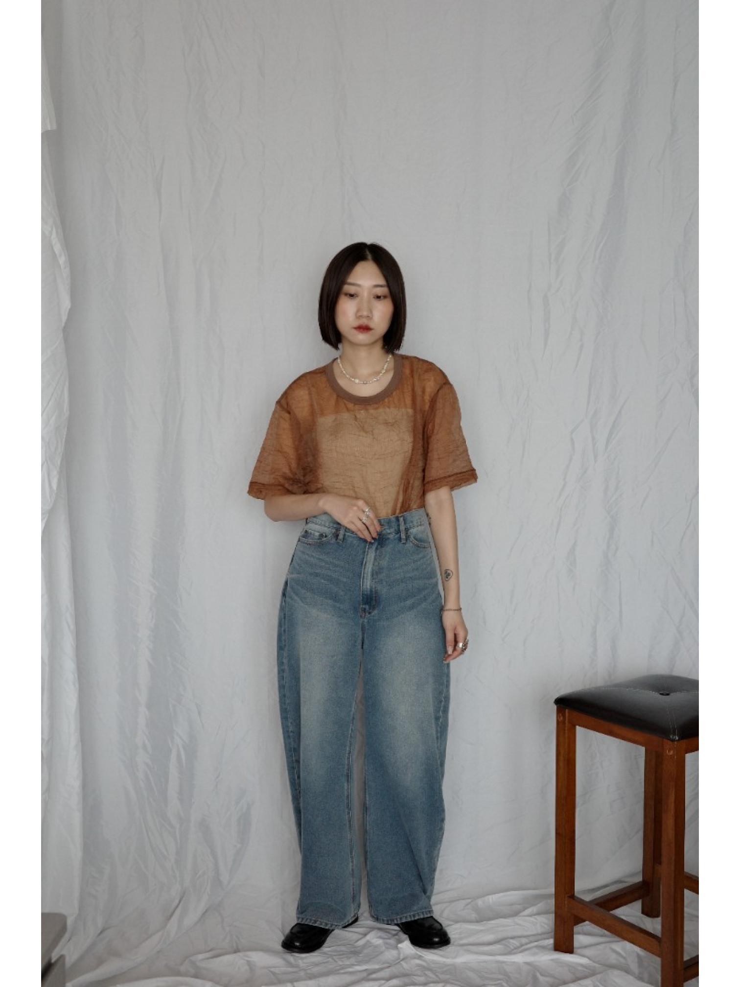 JP｜高腰繭型牛仔褲/藍L