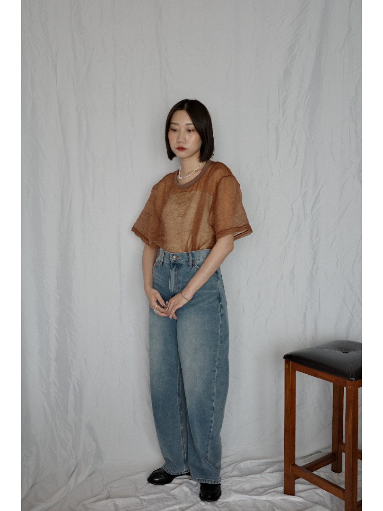 JP｜高腰繭型牛仔褲/藍L