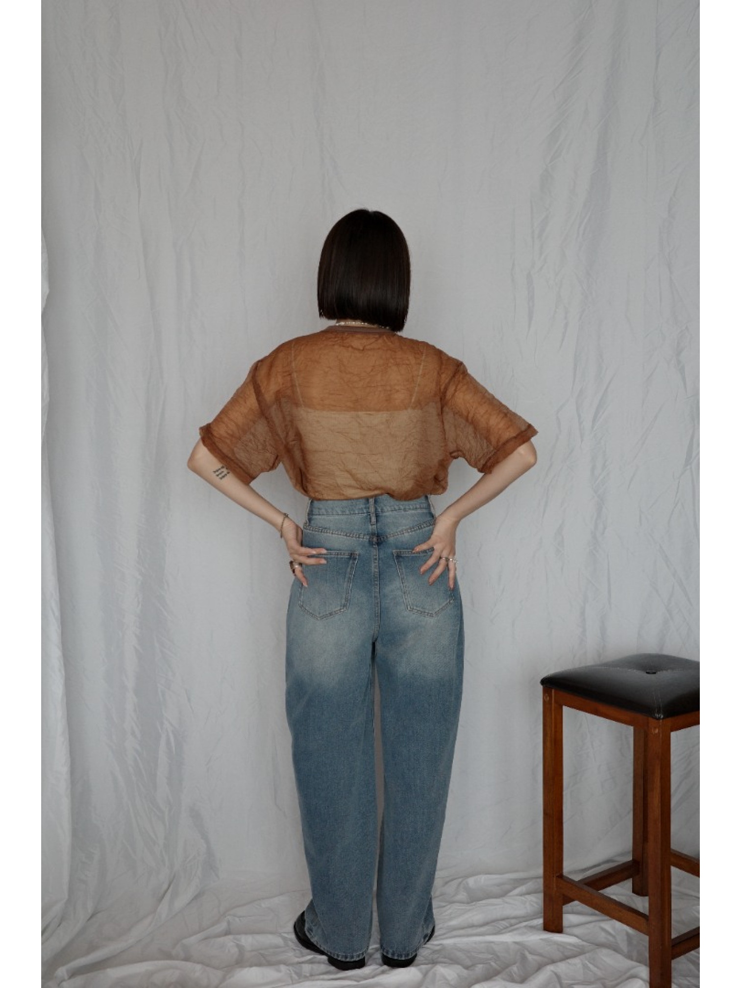 JP｜高腰繭型牛仔褲/藍L