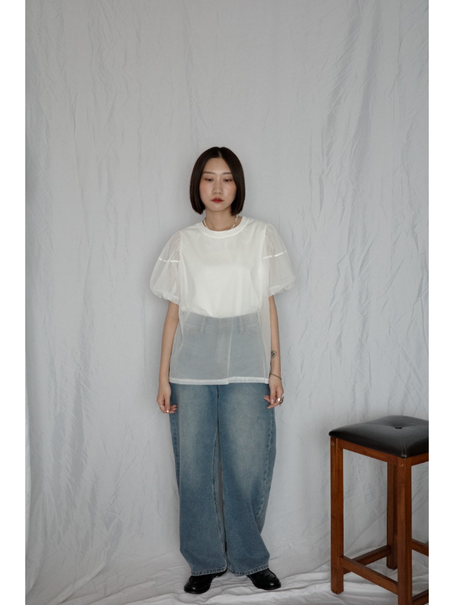 JP｜高腰繭型牛仔褲/藍L