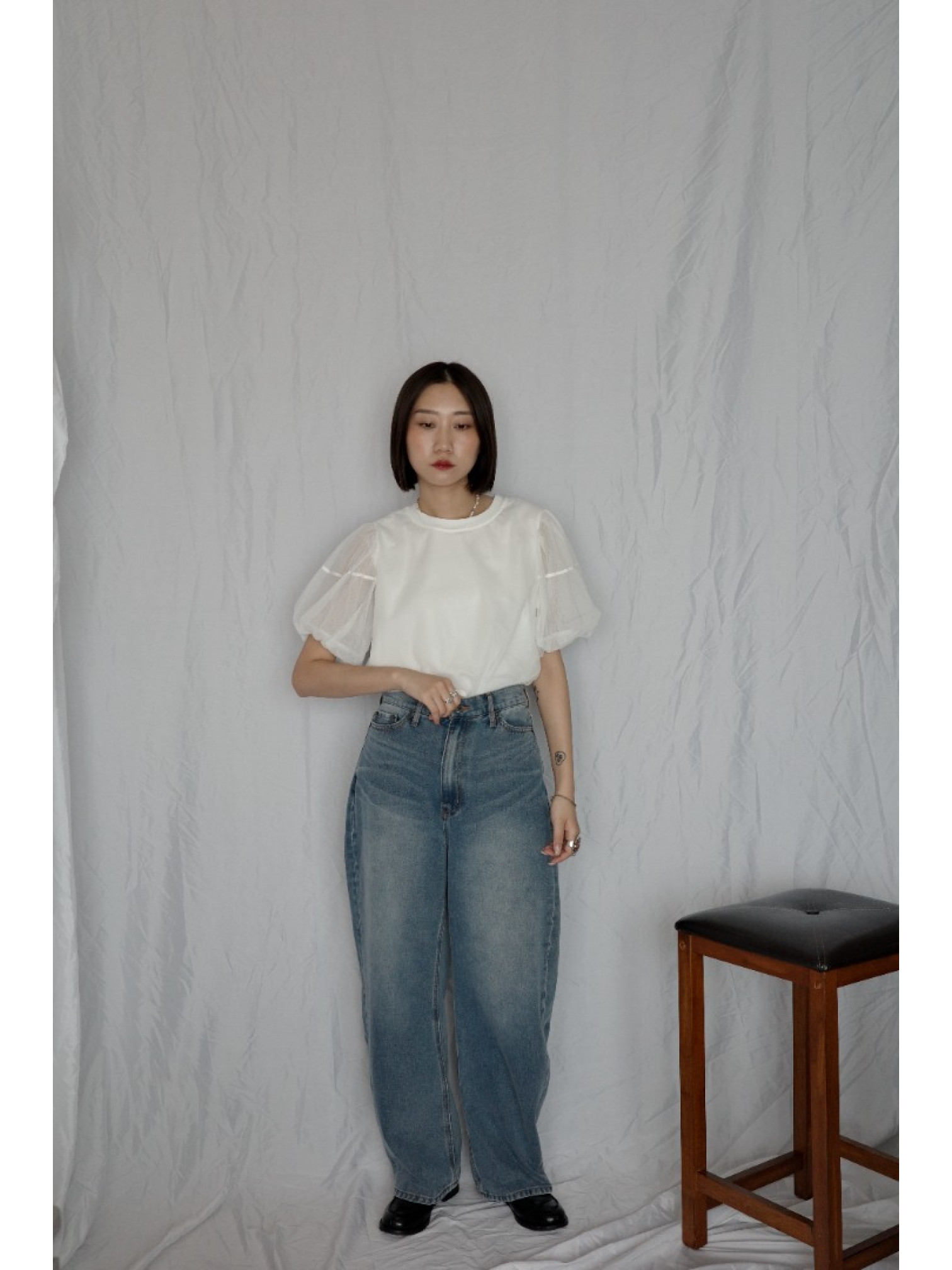 JP｜高腰繭型牛仔褲/藍L