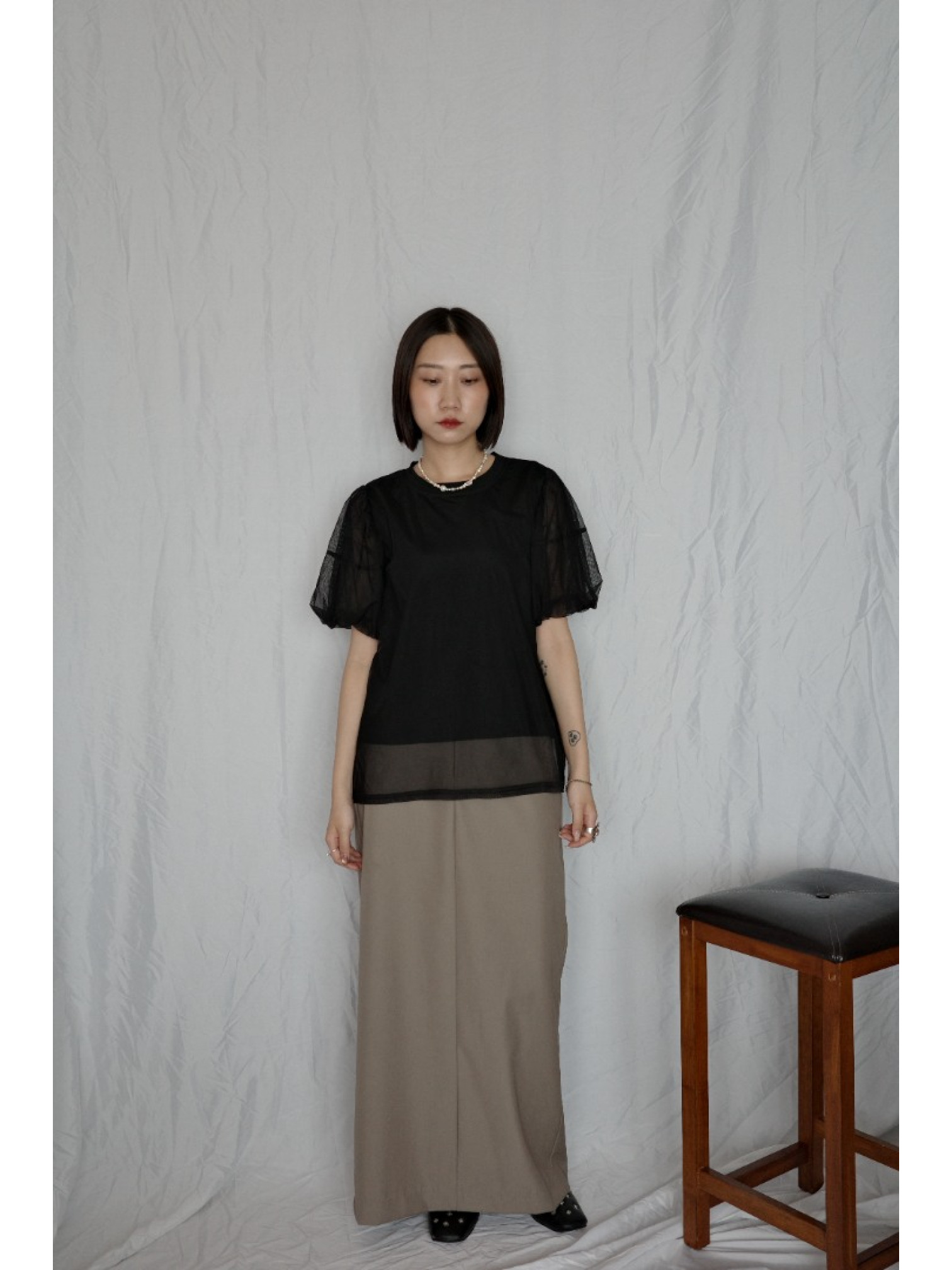 JP｜氣質公主袖薄紗上衣/黑