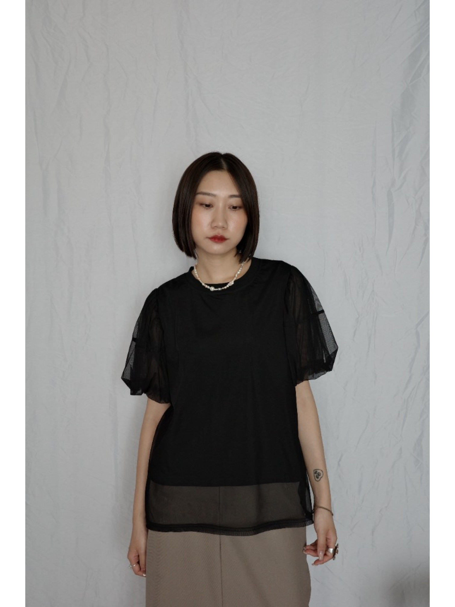 JP｜氣質公主袖薄紗上衣/黑