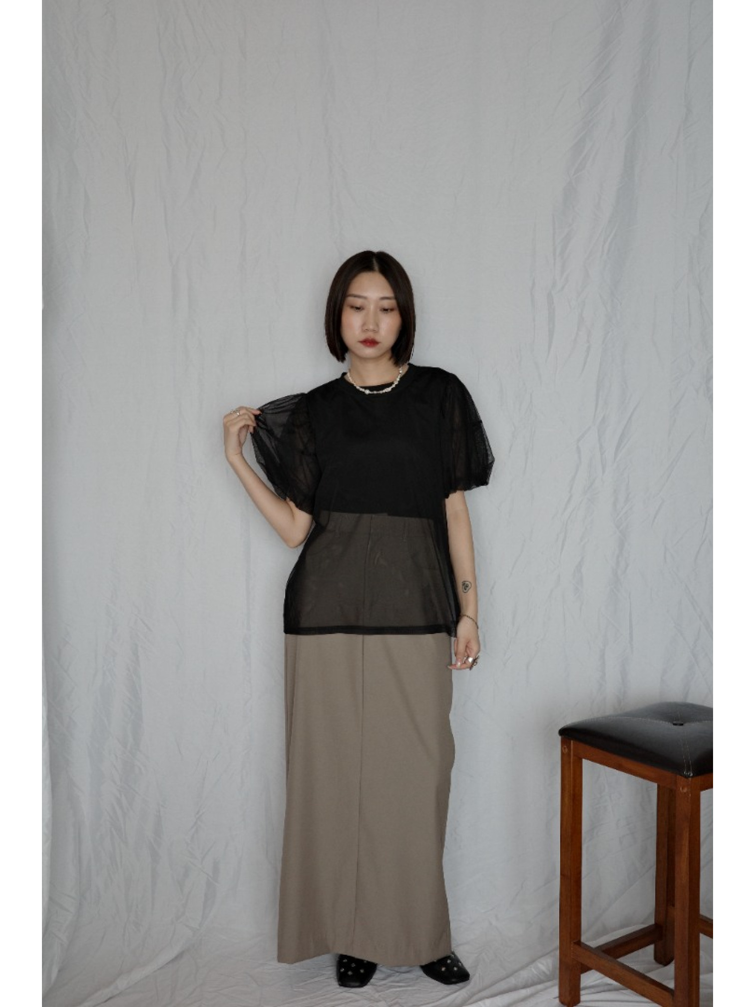 JP｜氣質公主袖薄紗上衣/黑