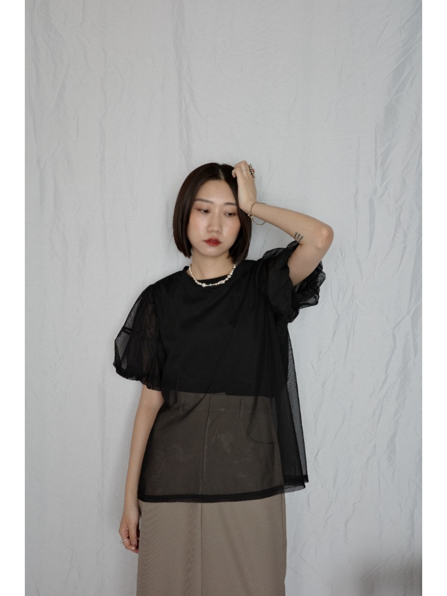 JP｜氣質公主袖薄紗上衣/黑