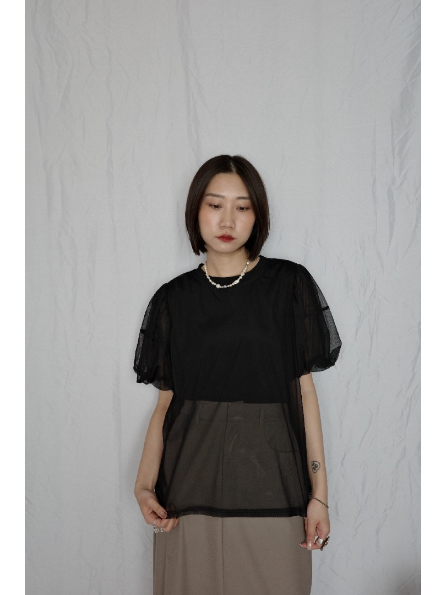JP｜氣質公主袖薄紗上衣/黑
