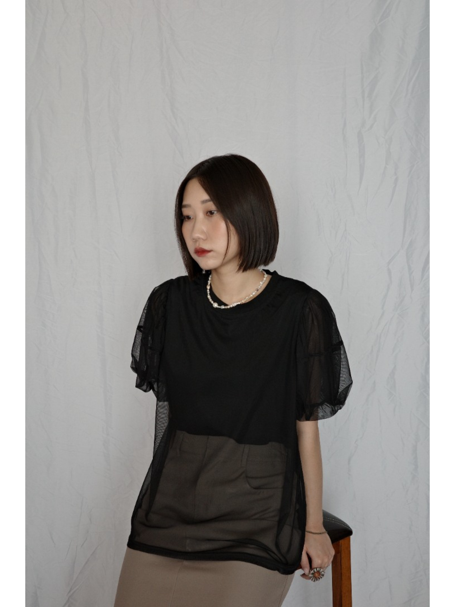 JP｜氣質公主袖薄紗上衣/黑