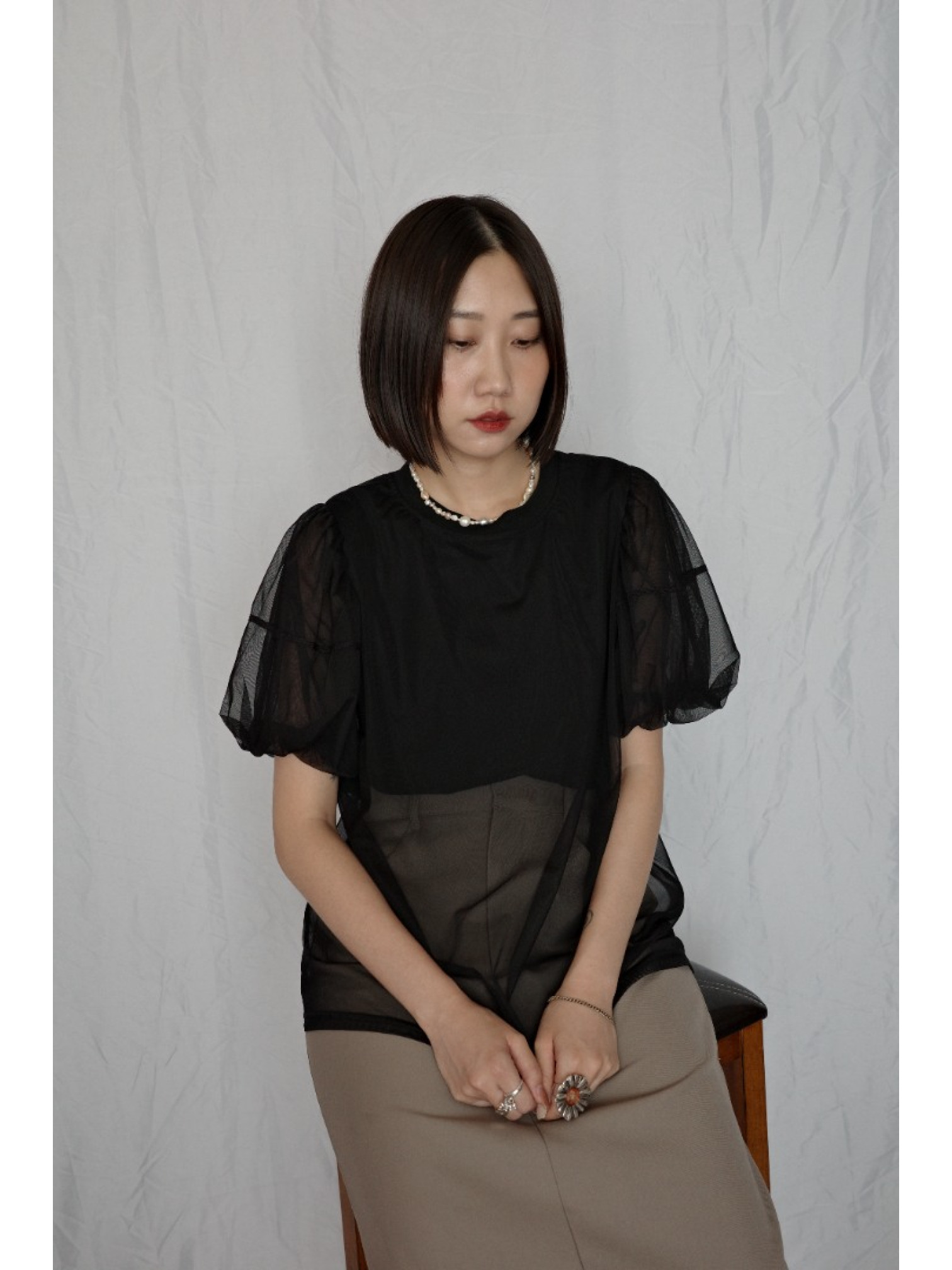 JP｜氣質公主袖薄紗上衣/黑