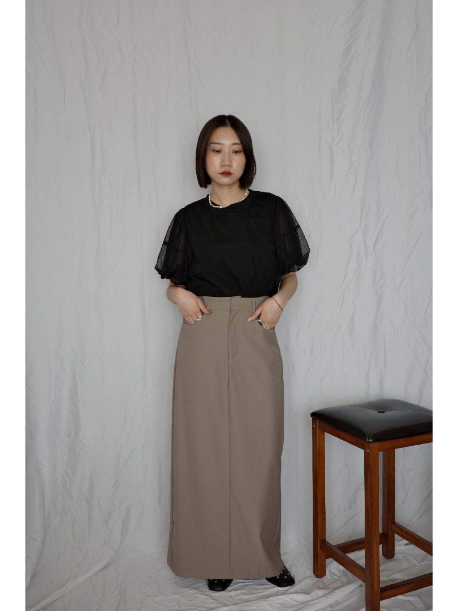 JP｜氣質公主袖薄紗上衣/黑