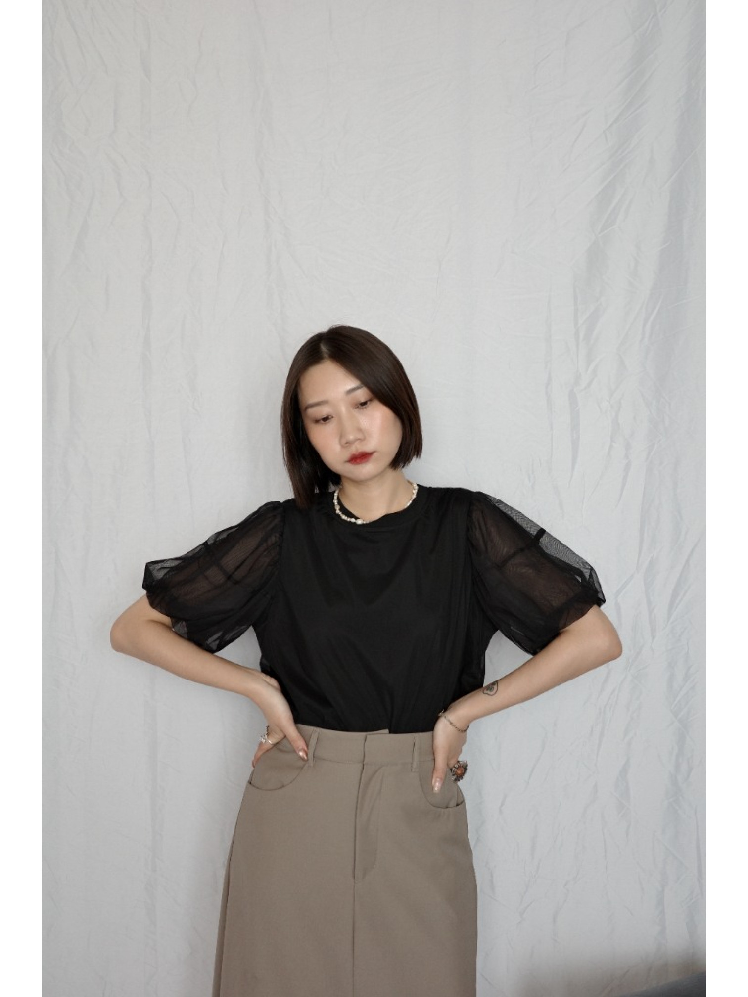 JP｜氣質公主袖薄紗上衣/黑