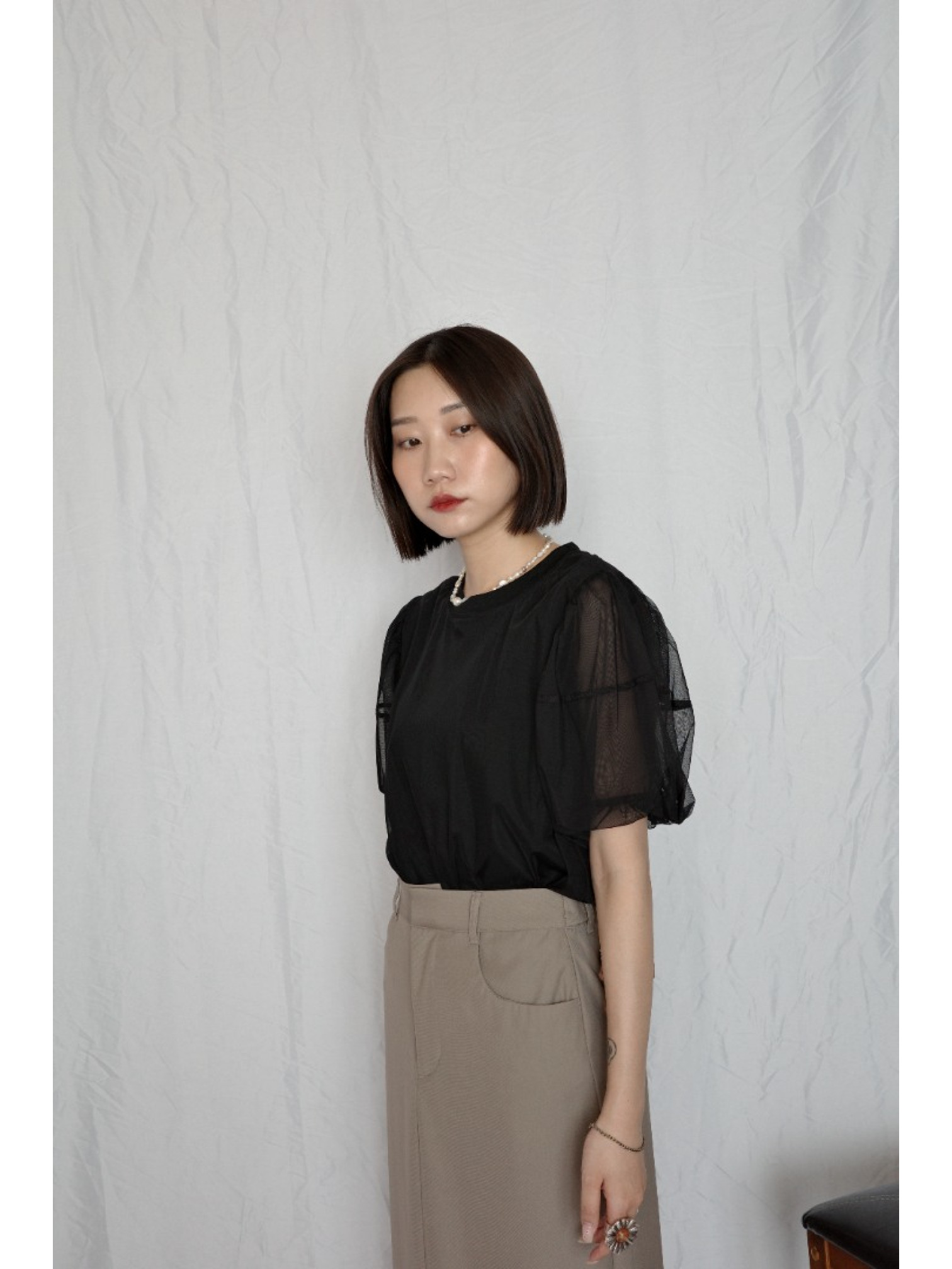 JP｜氣質公主袖薄紗上衣/黑