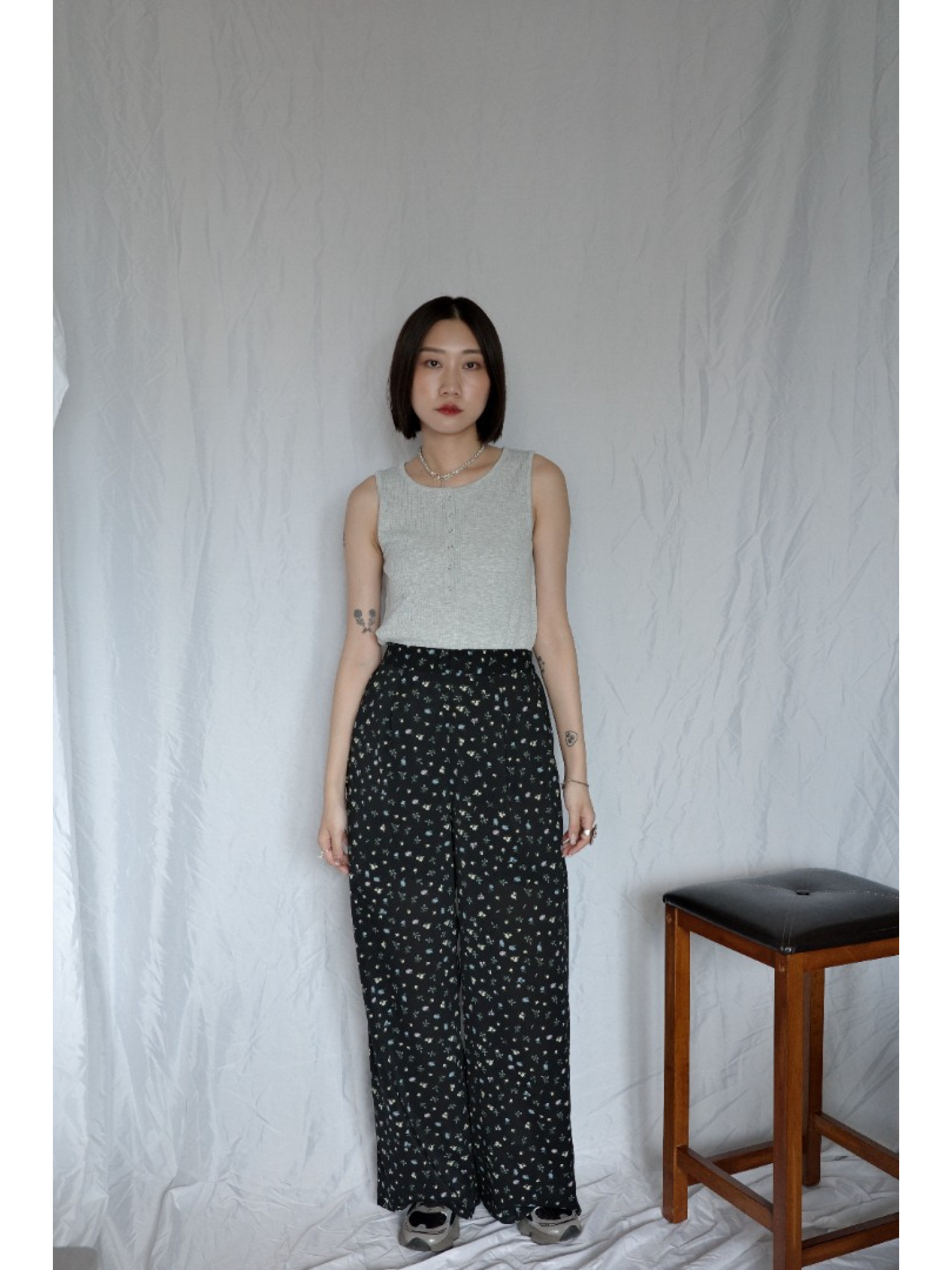 JP｜可愛碎花休閒長褲/黑L