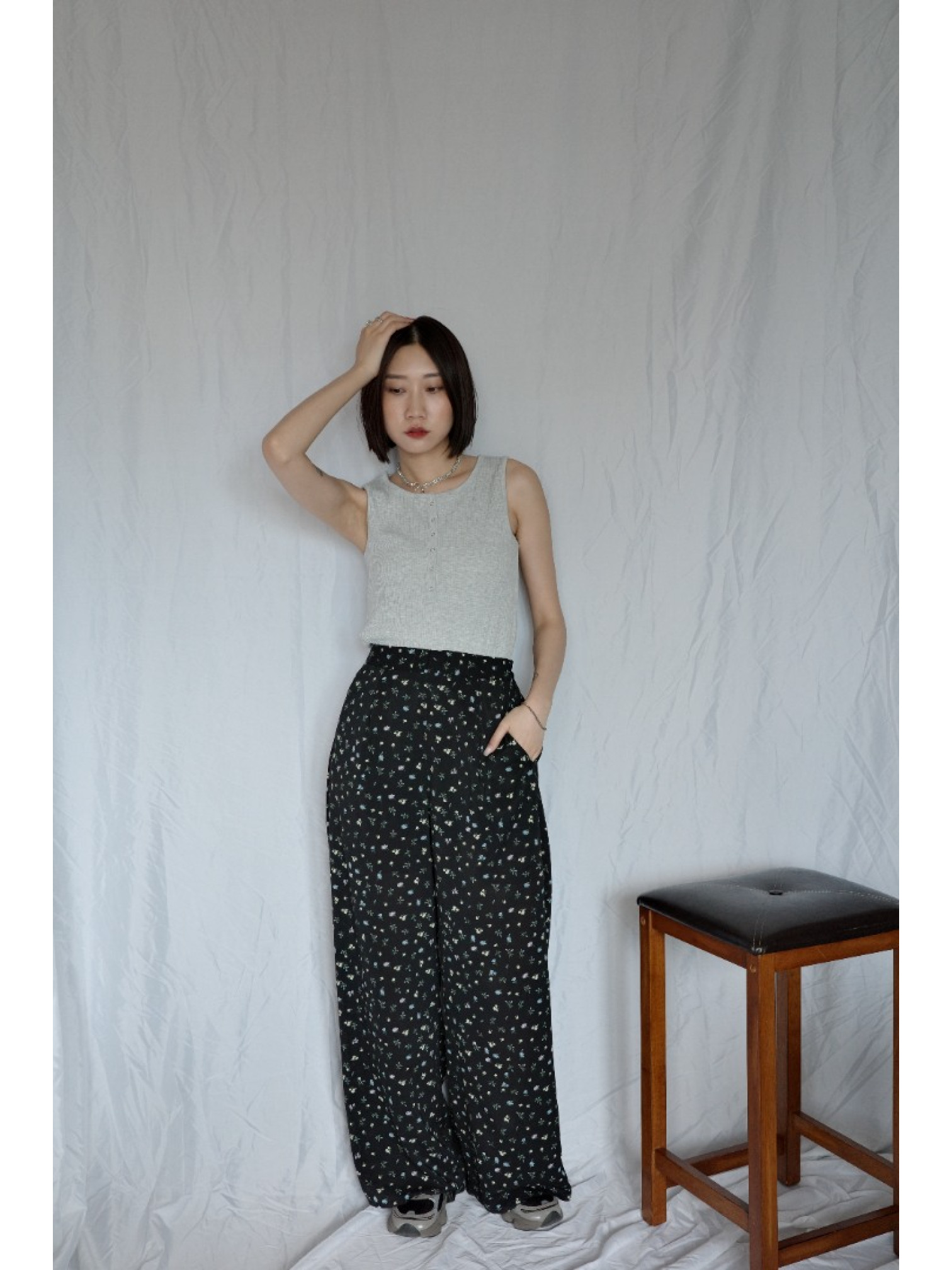 JP｜可愛碎花休閒長褲/黑L