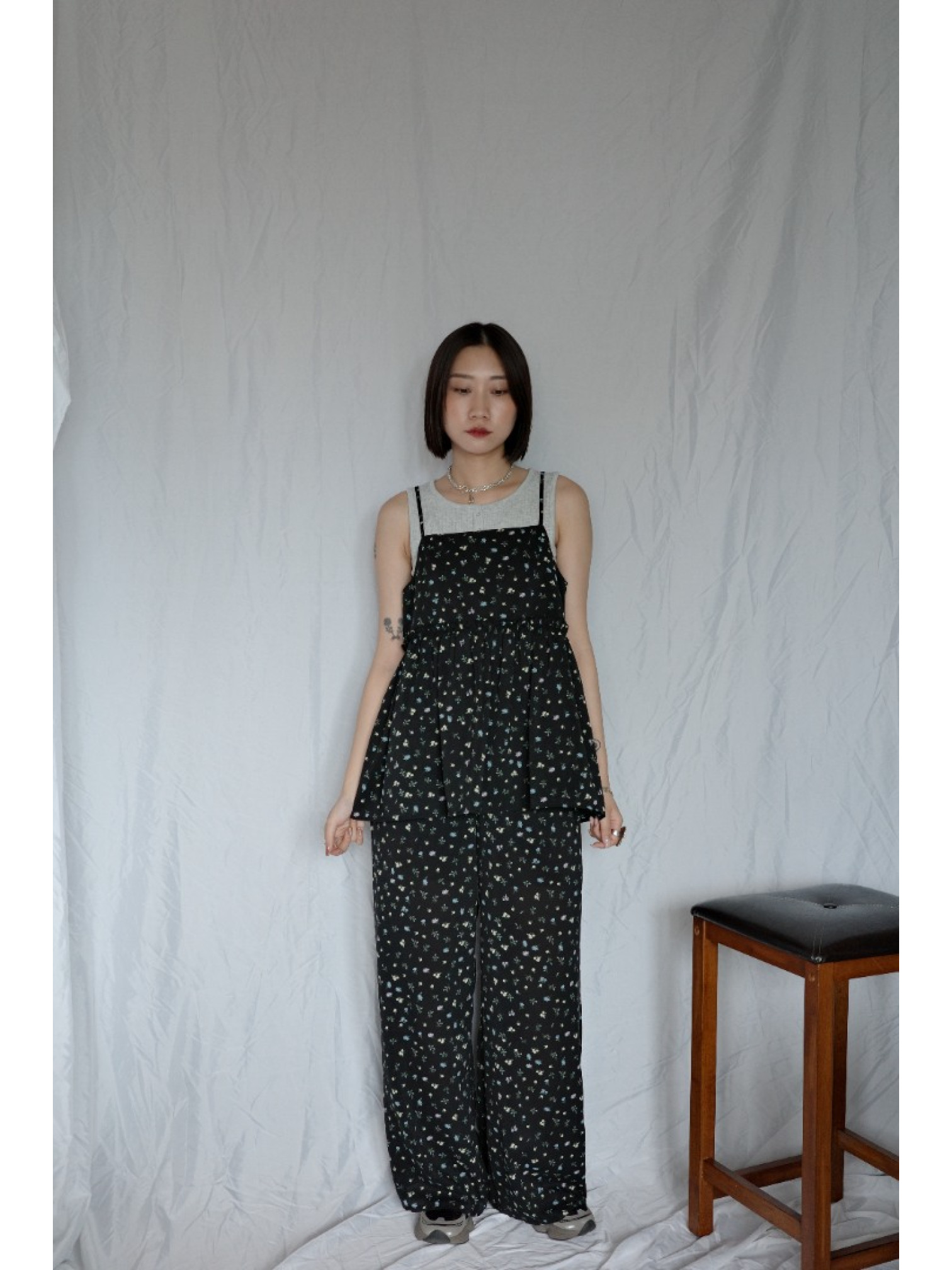 JP｜可愛碎花休閒長褲/黑L