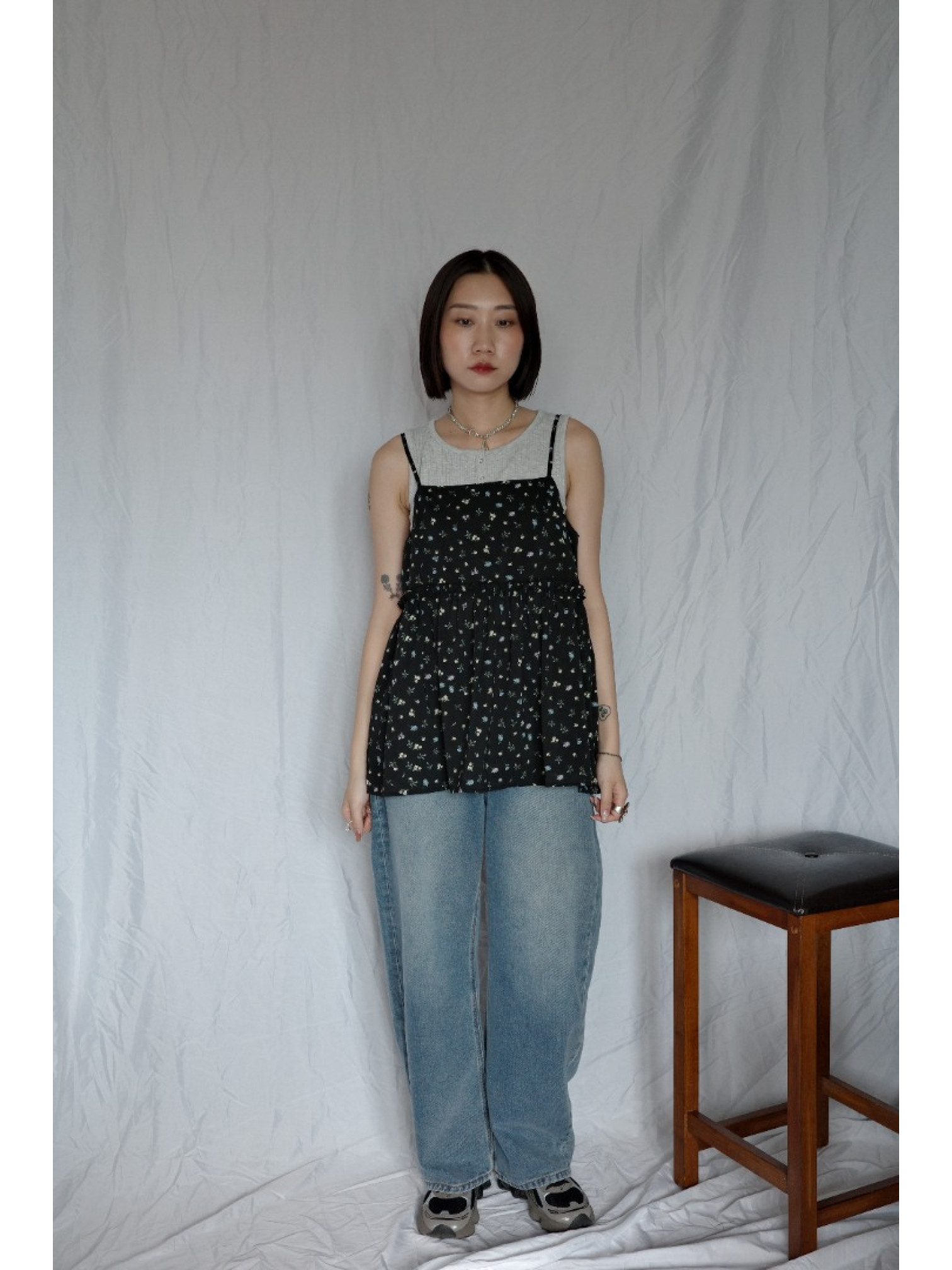 JP｜高腰繭型牛仔褲/藍L