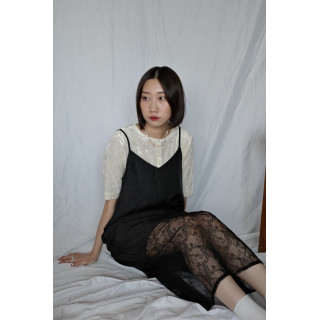 JP｜薄紗蕾絲接拼吊帶洋裝/黑