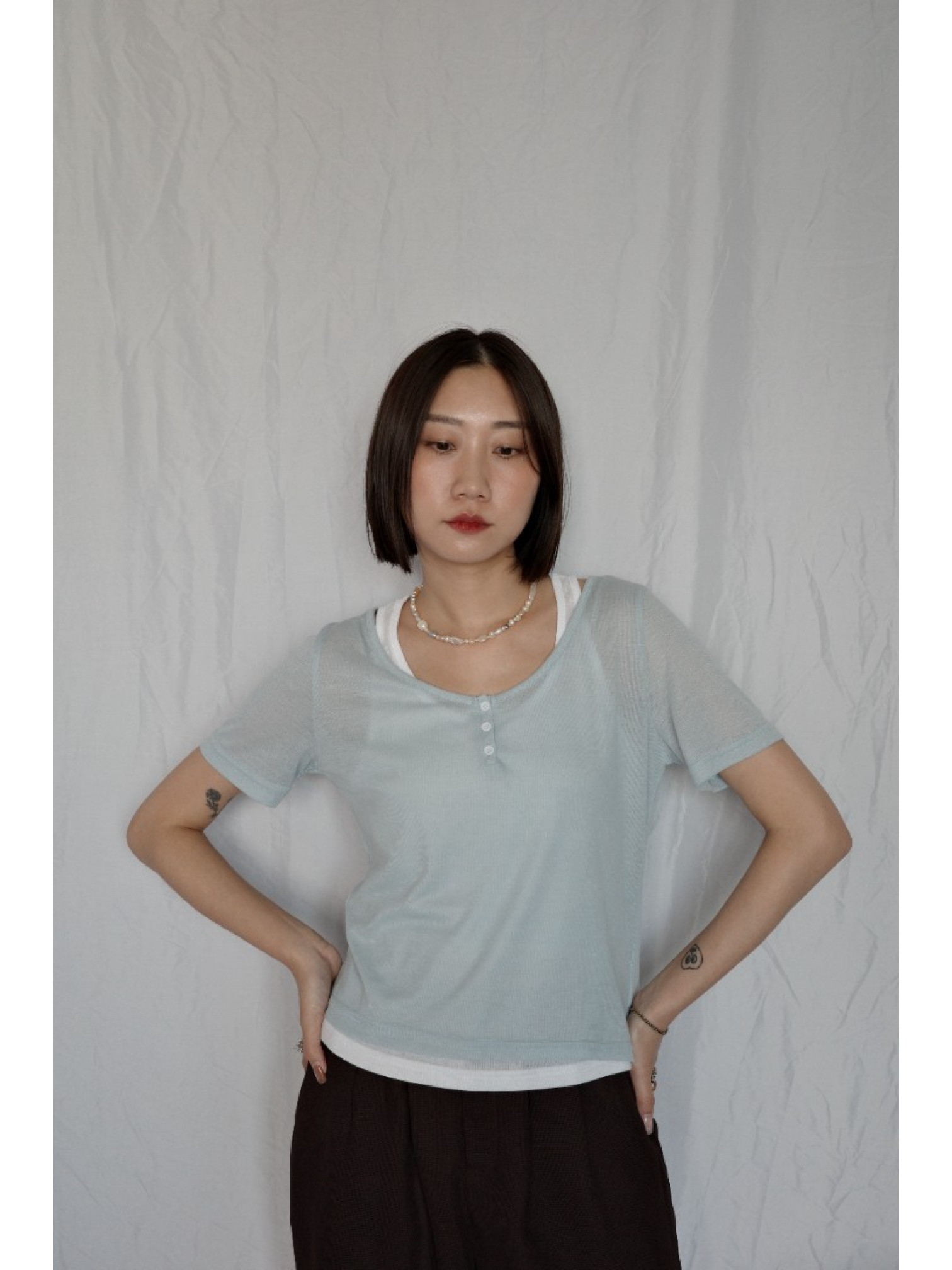 JP｜兩件式亨利領休閒上衣/淺藍