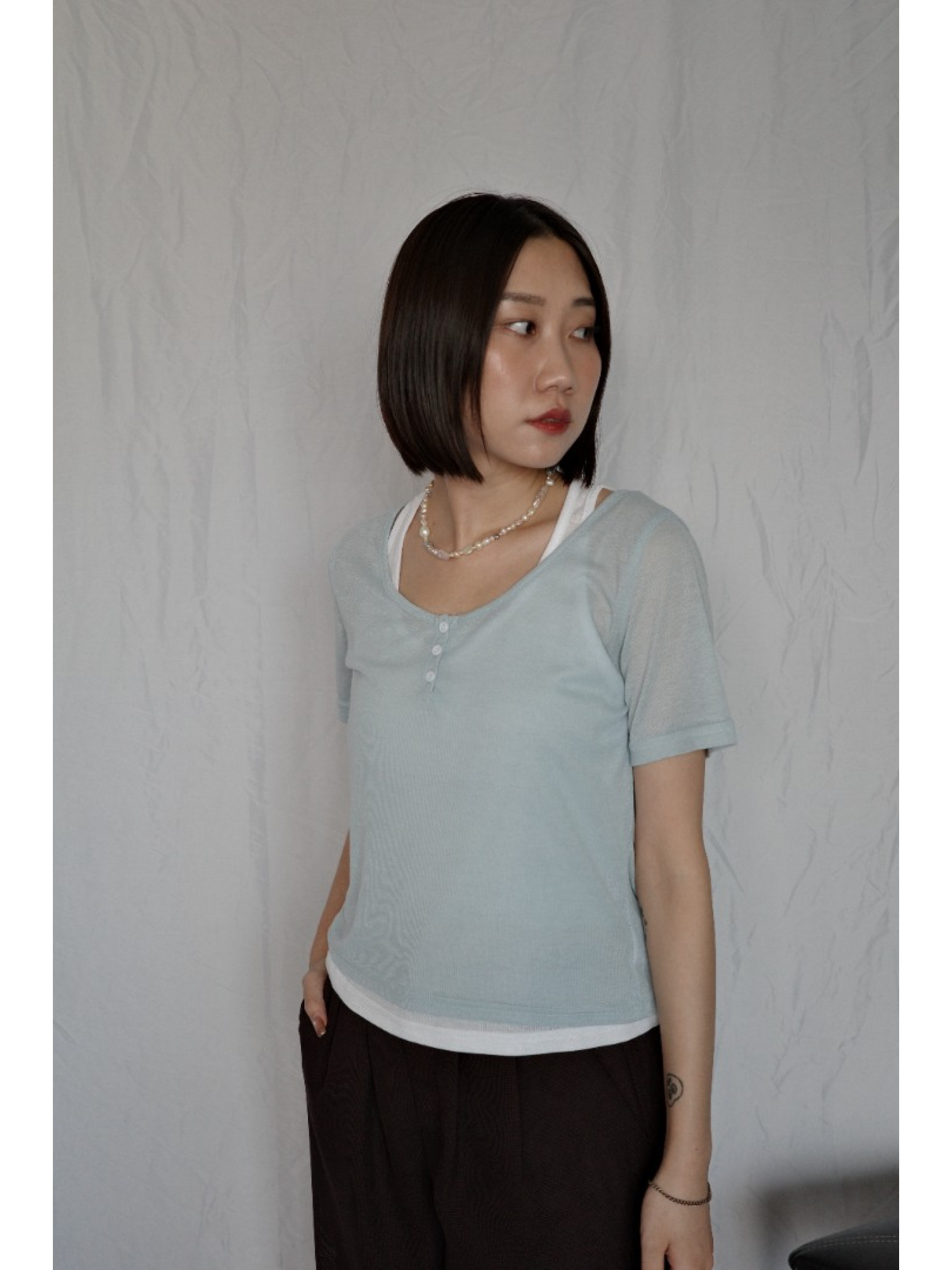 JP｜兩件式亨利領休閒上衣/淺藍