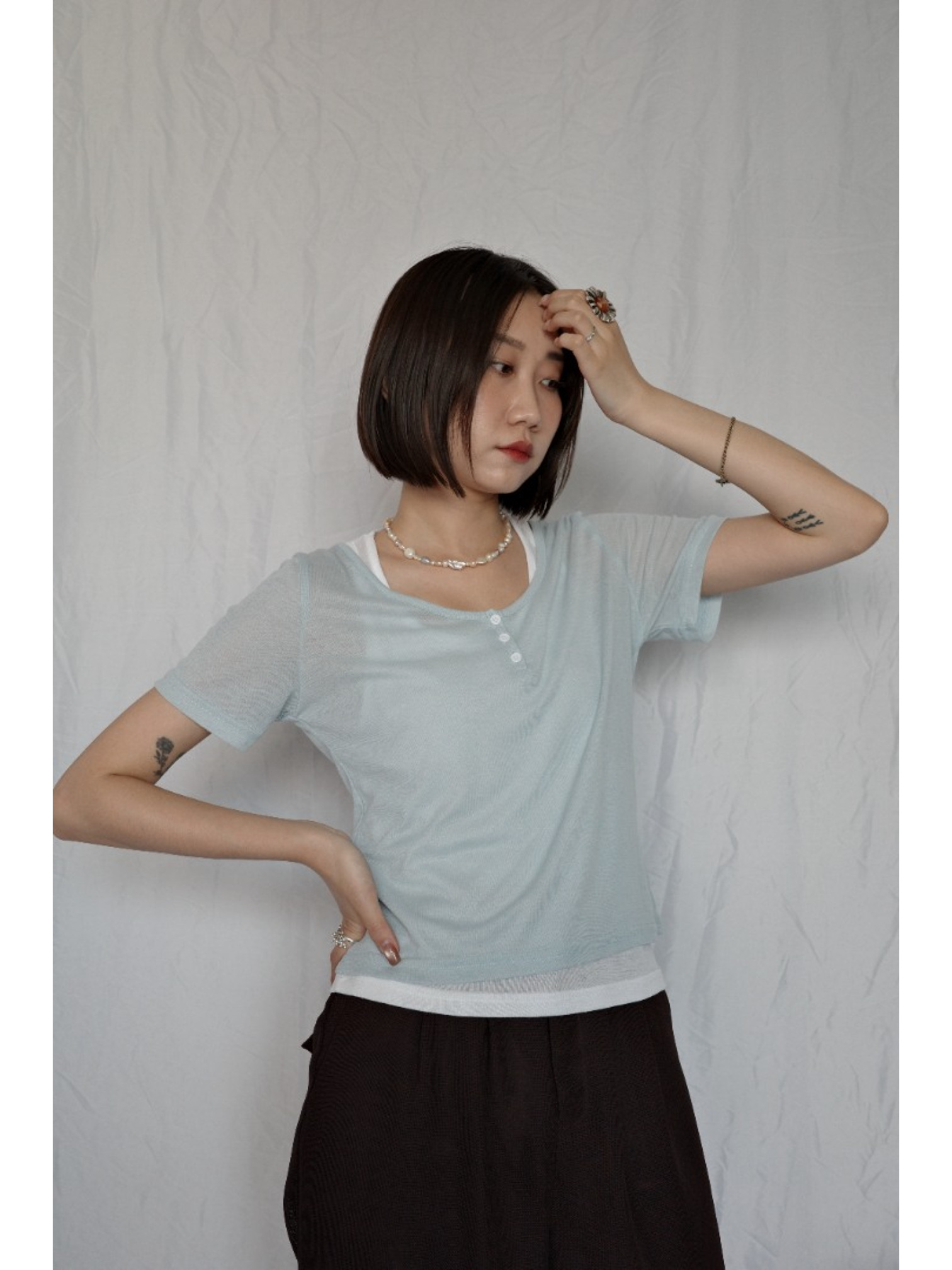 JP｜兩件式亨利領休閒上衣/淺藍