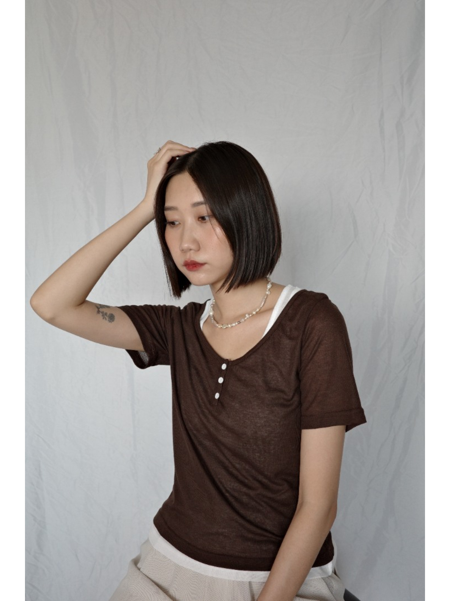 JP｜兩件式亨利領休閒上衣/棕