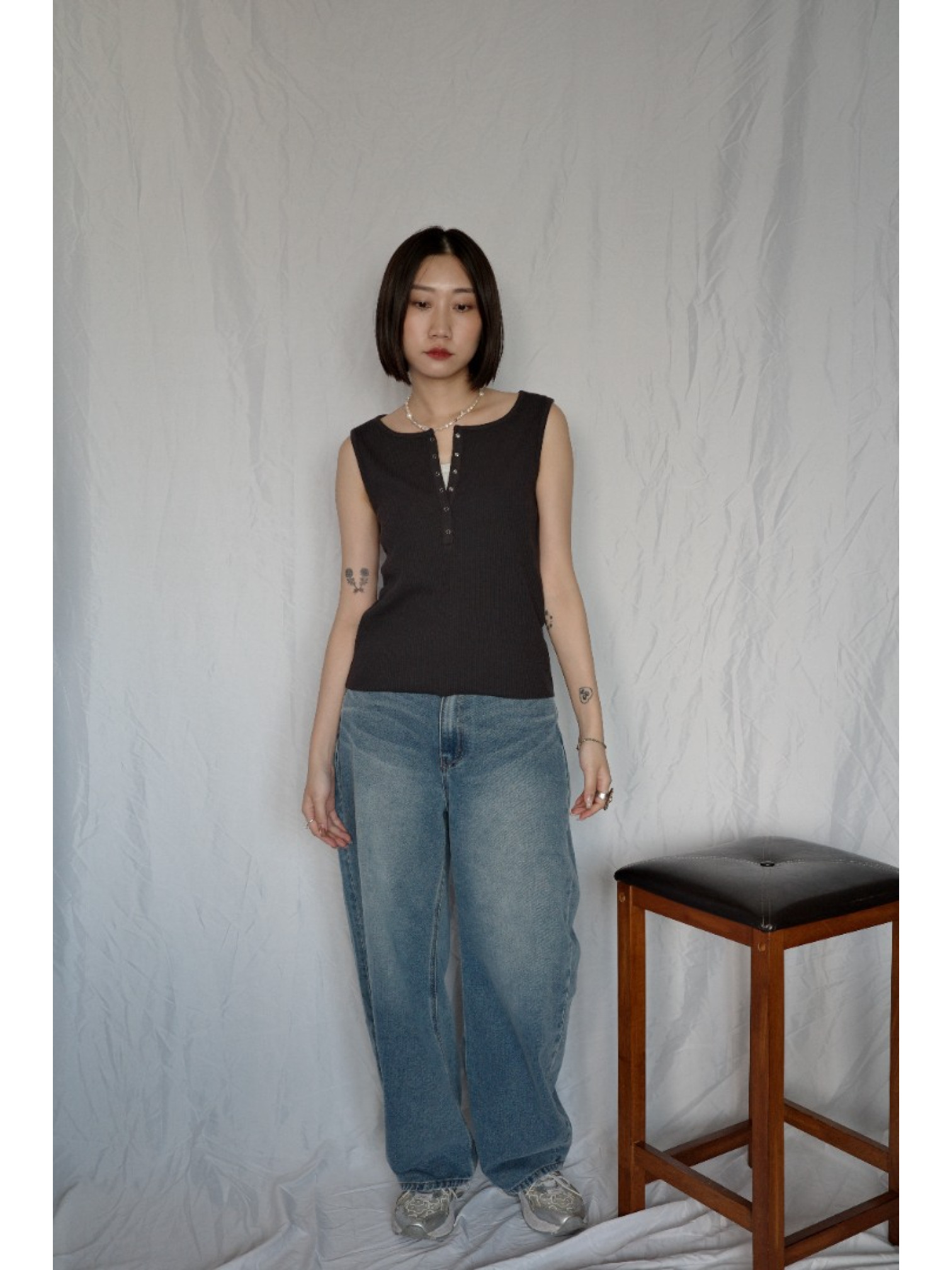 JP｜高腰繭型牛仔褲/藍L