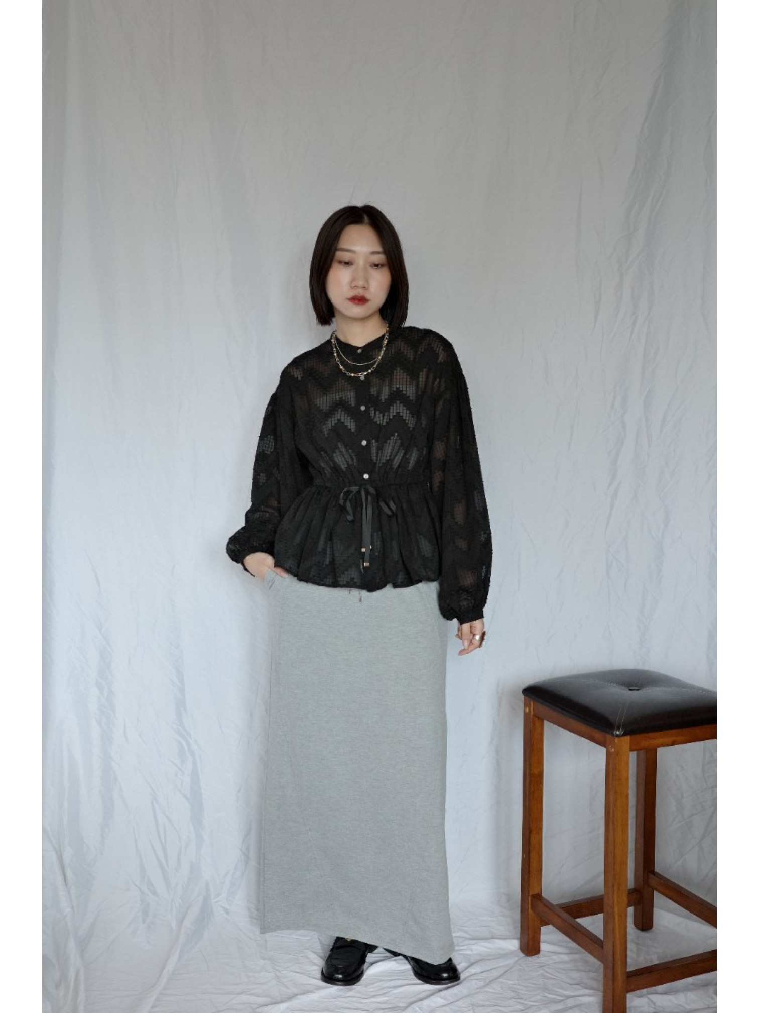 JP｜幾何提花透視上衣/黑