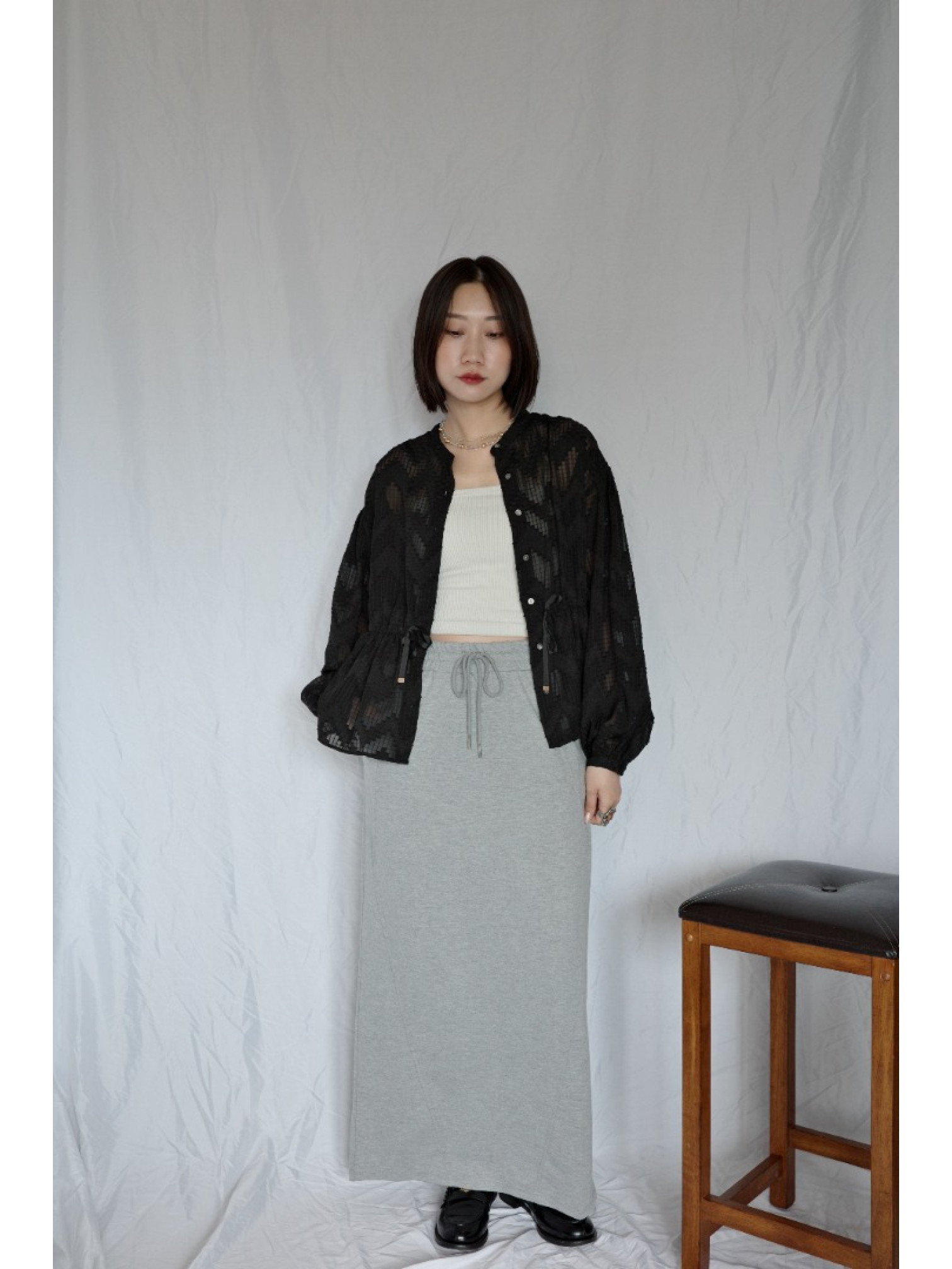 JP｜幾何提花透視上衣/黑