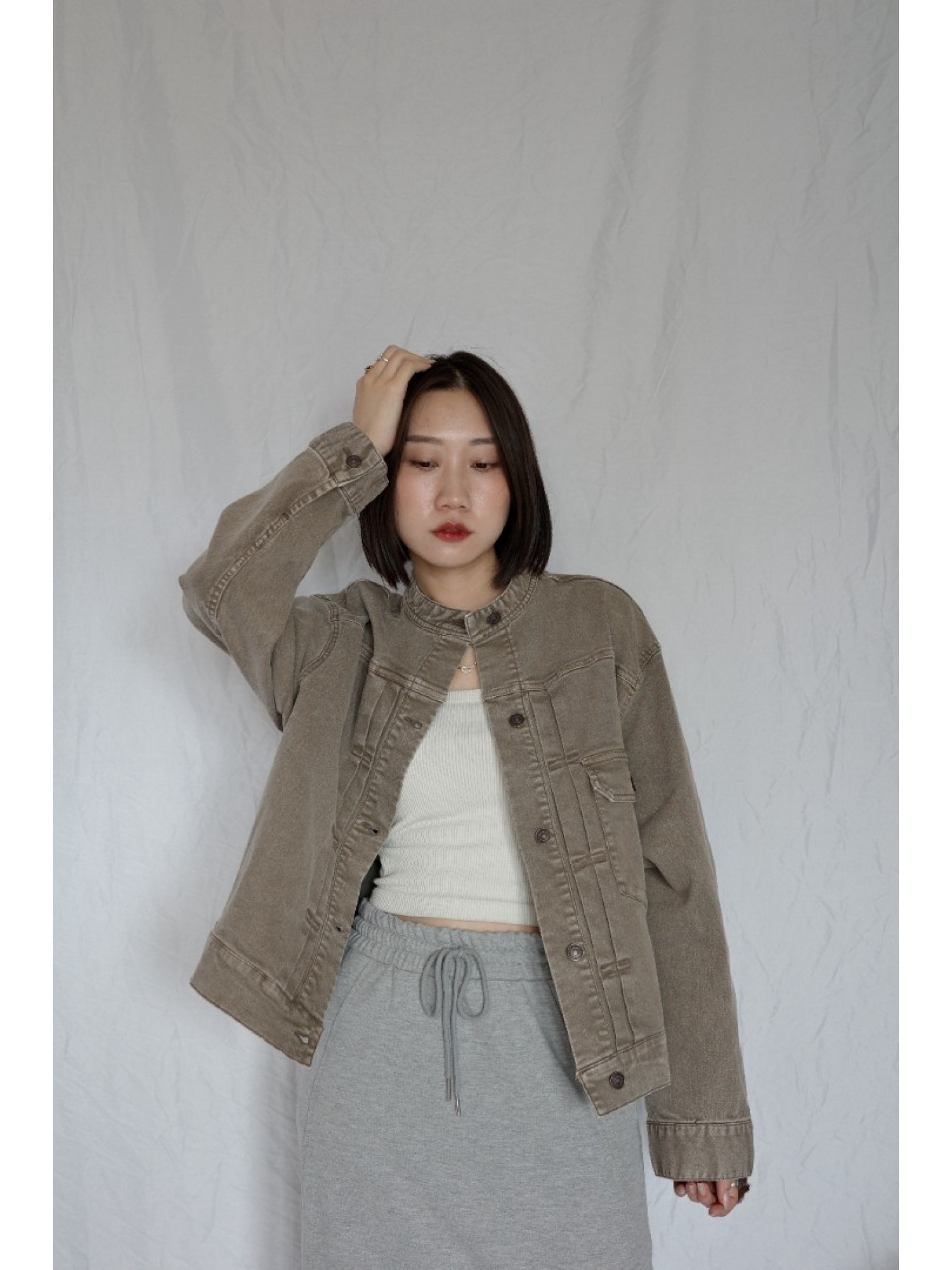 JP｜復古立領牛仔外套/淺棕
