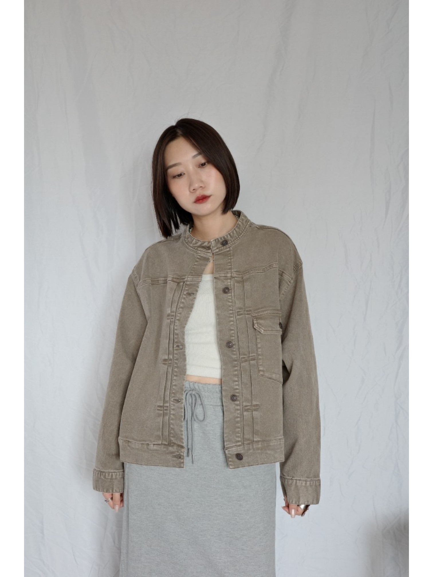 JP｜復古立領牛仔外套/淺棕