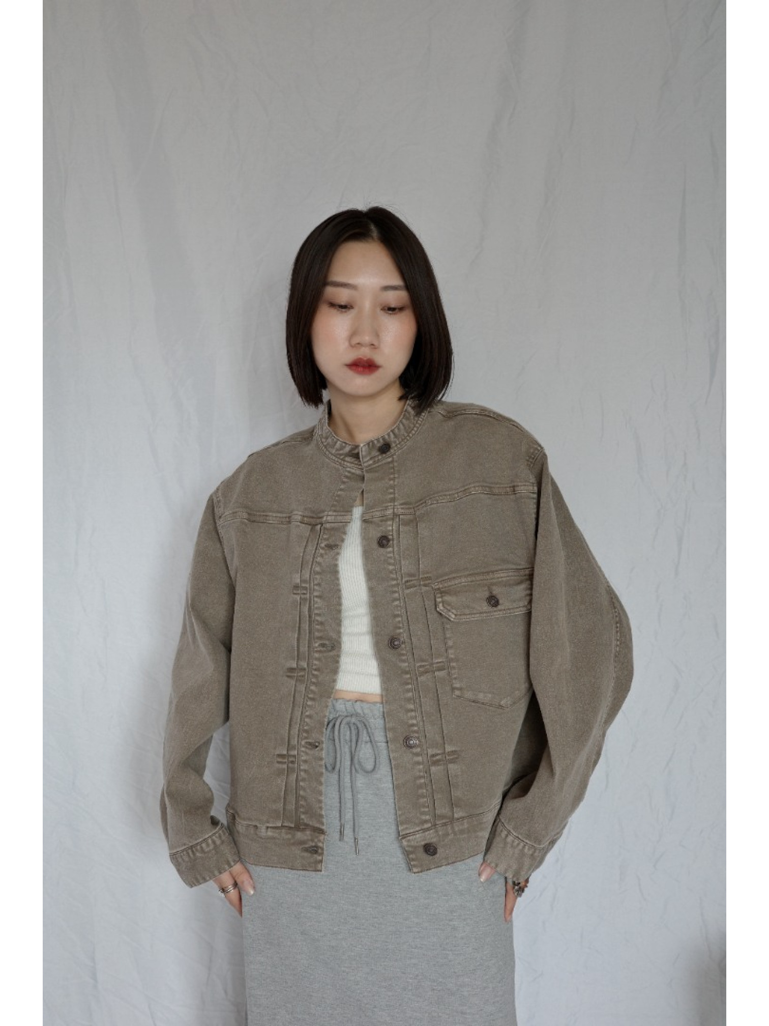 JP｜復古立領牛仔外套/淺棕