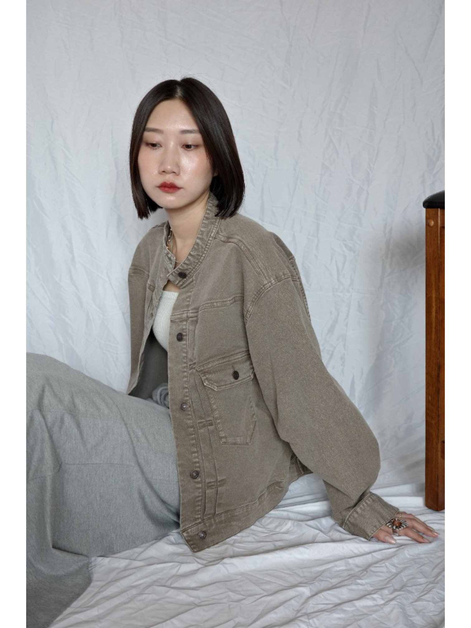 JP｜復古立領牛仔外套/淺棕