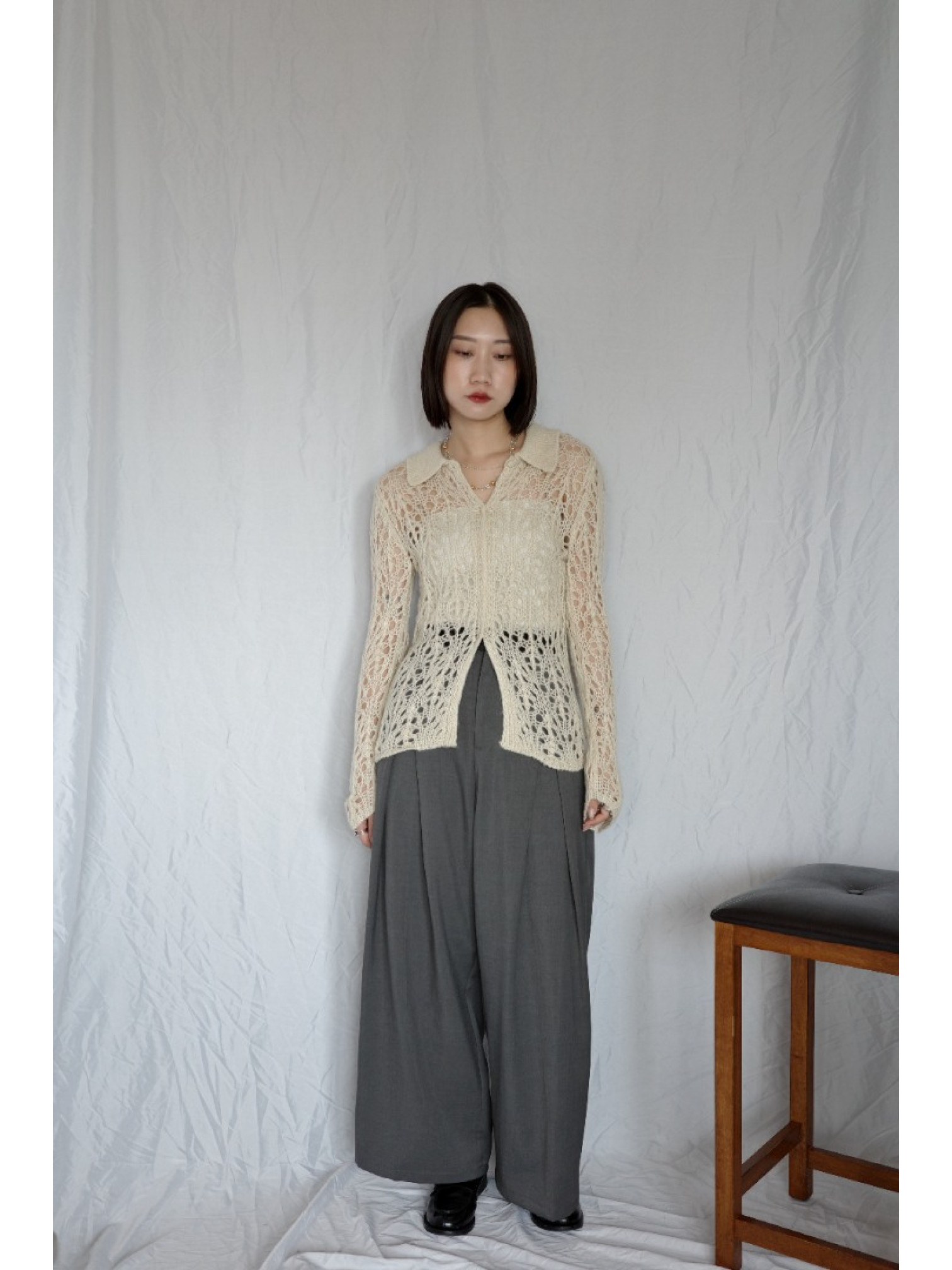 JP｜皮革腰頭打褶西裝褲/炭灰