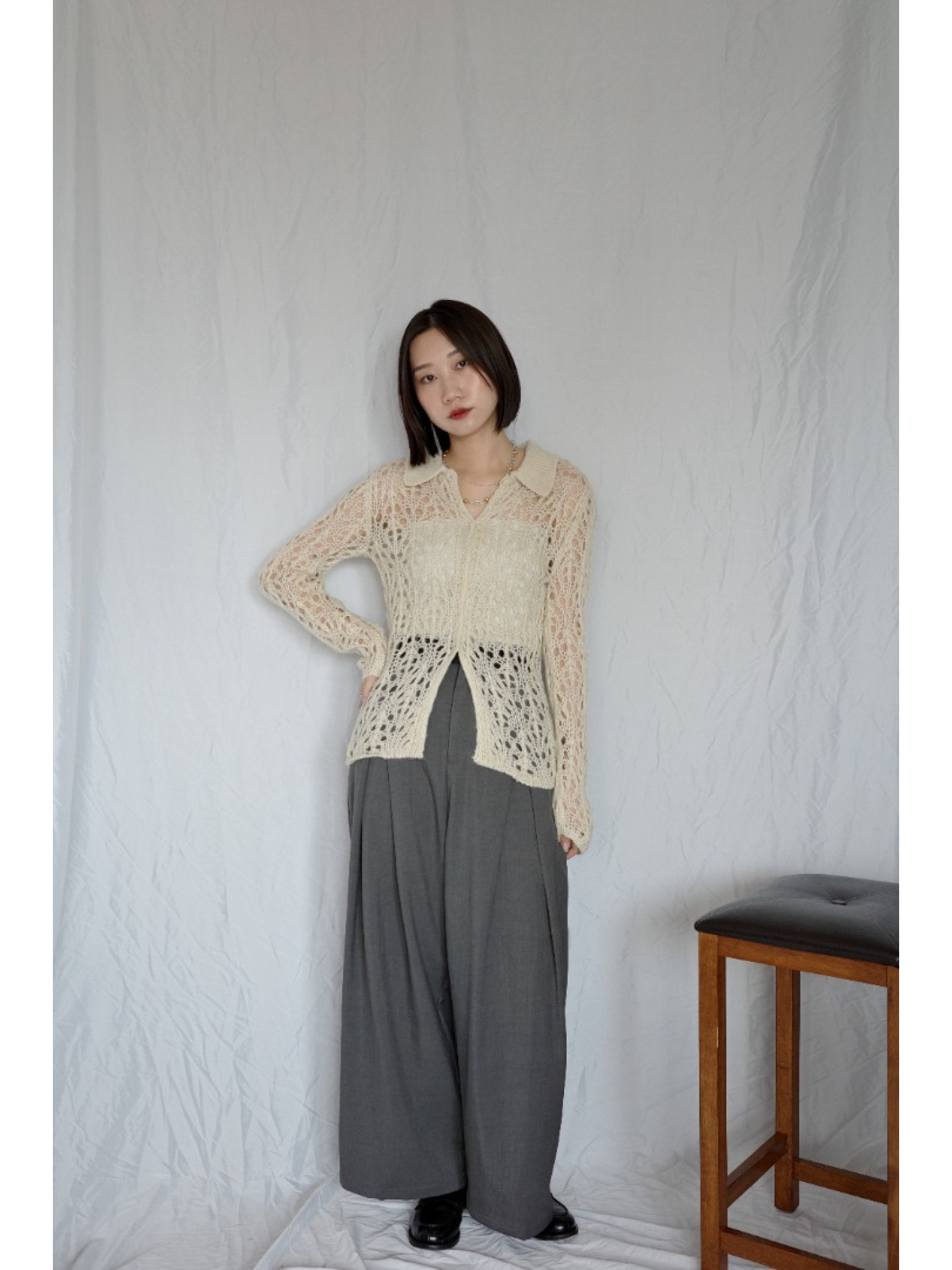 JP｜皮革腰頭打褶西裝褲/炭灰