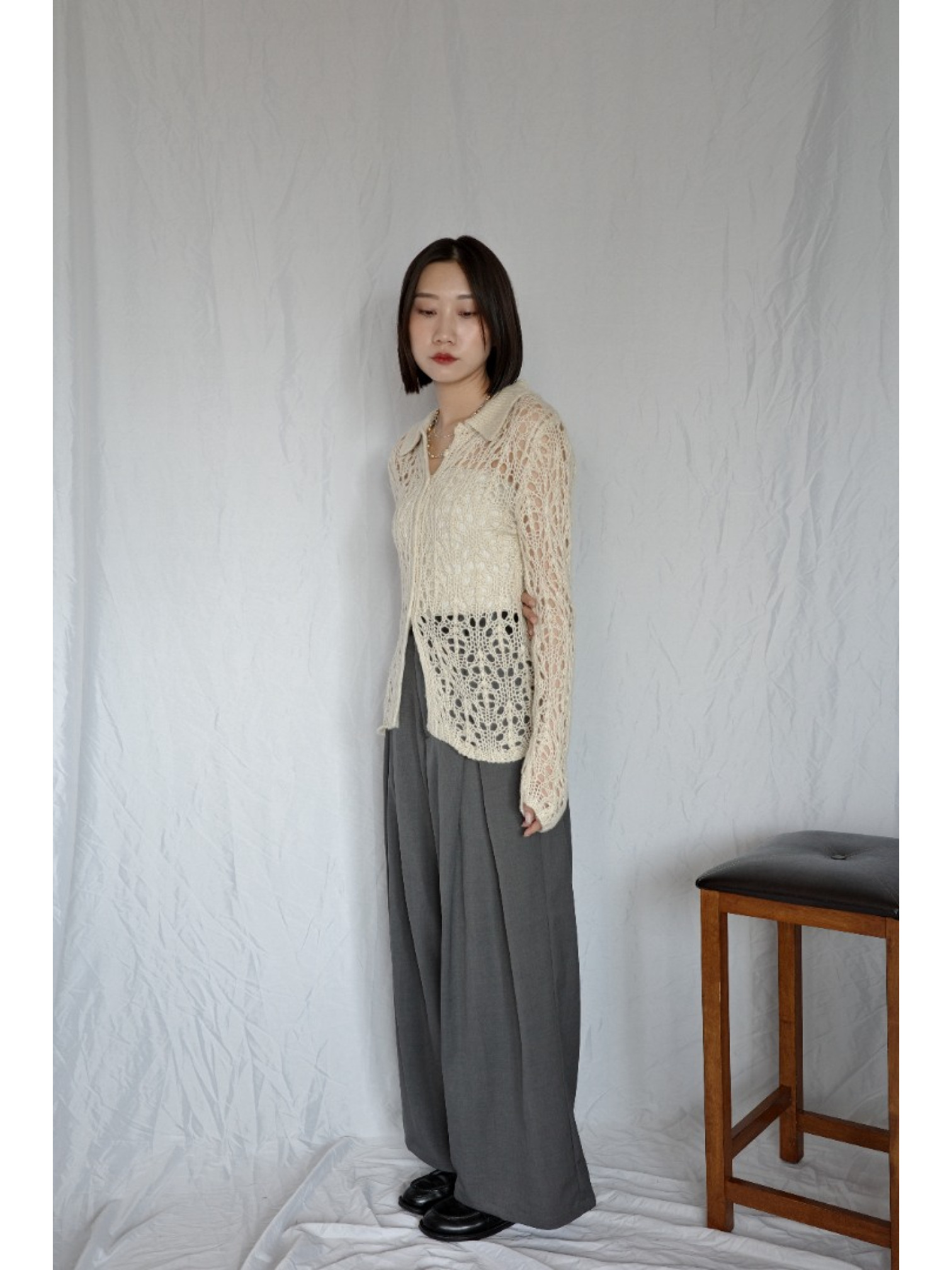 JP｜皮革腰頭打褶西裝褲/炭灰